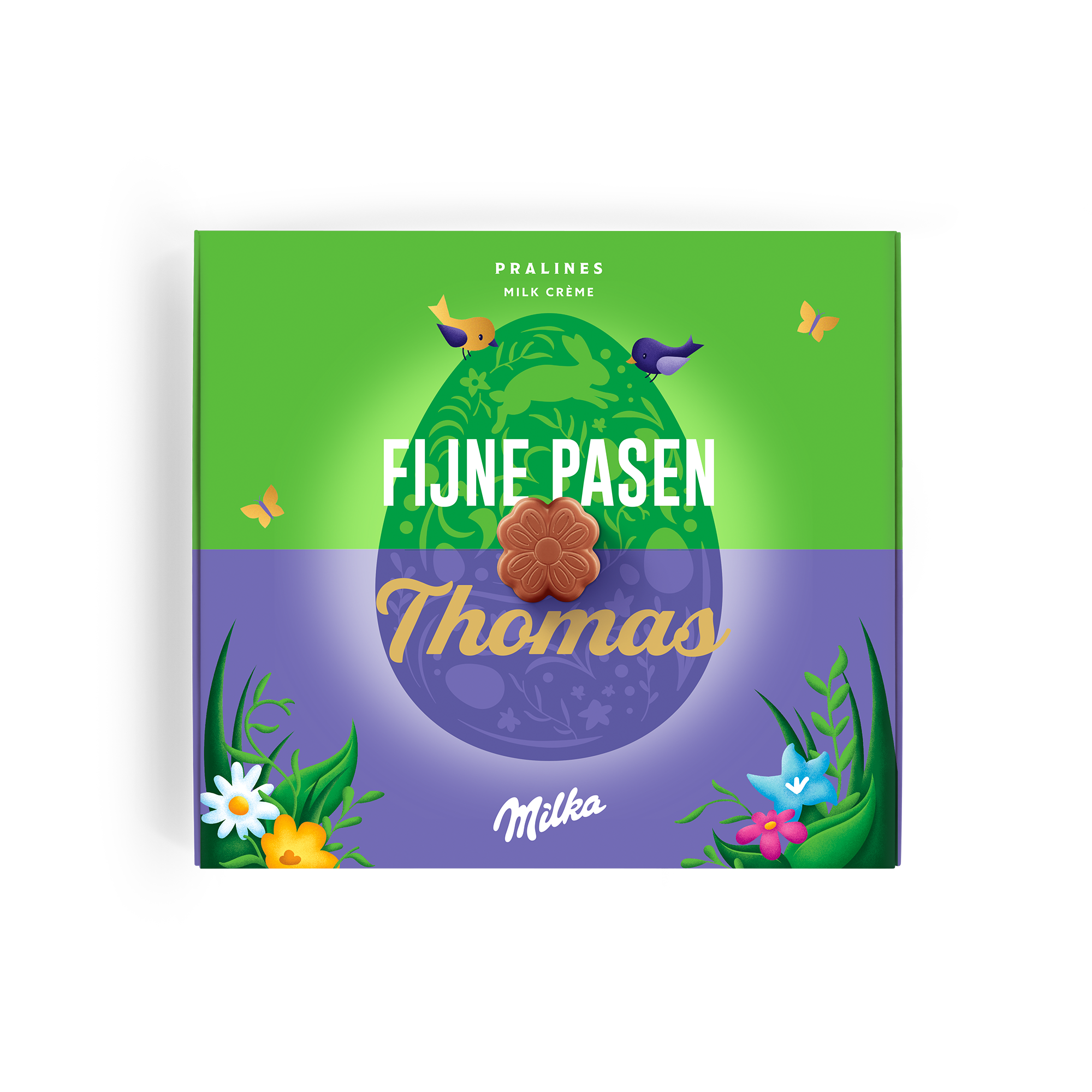 Sano se Milka -suklaalahjapakkaus, jossa on pääsiäisteemainen painatus ja teksti "Fijne Pasen Thomas"