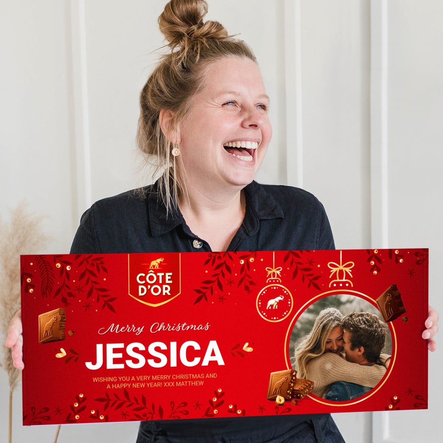 Tableta de chocolate personalizada Côte d'Or XXL ¡Sorprende con un chocolate gigante de Côte d'Or personalizado! con nombre Jessica y foto impresa.