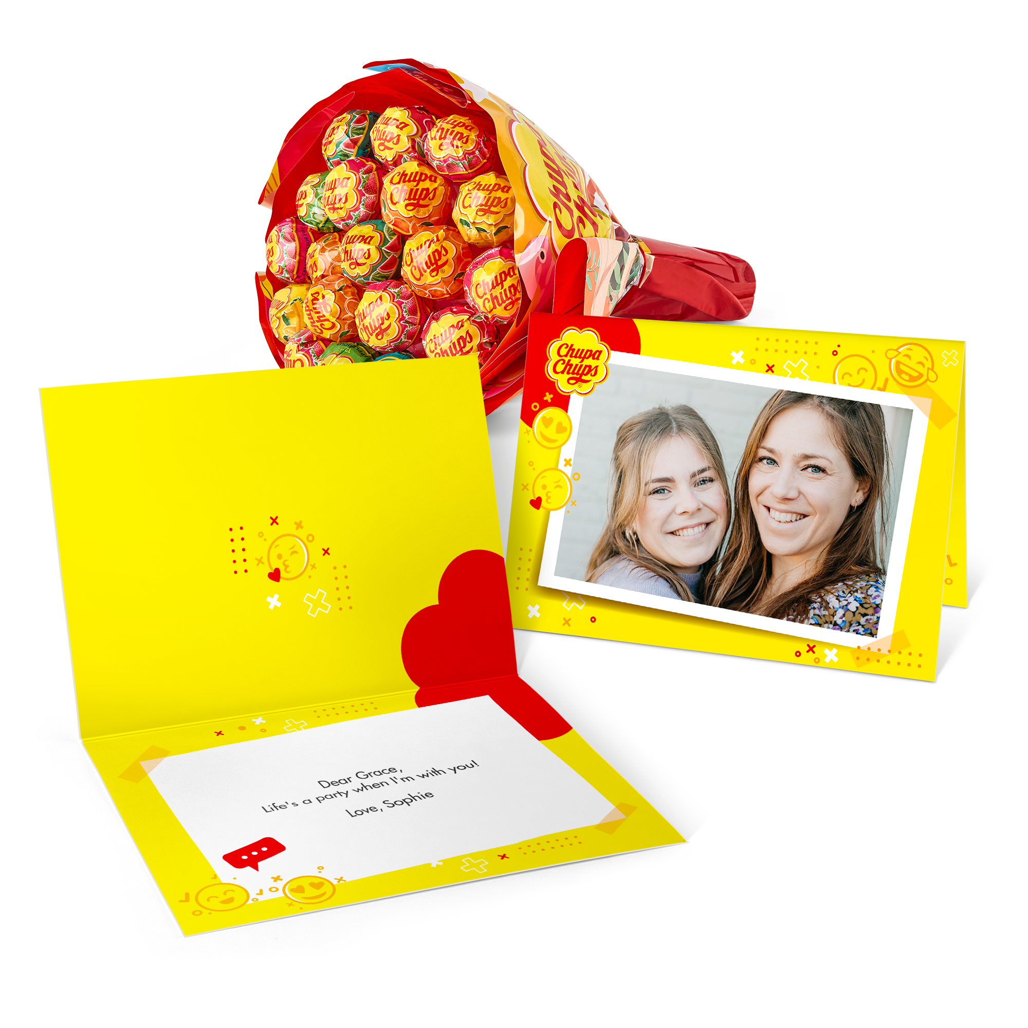 Buquê de pirulitos Chupa Chups com cartão de felicitações personalizado com foto e mensagem.