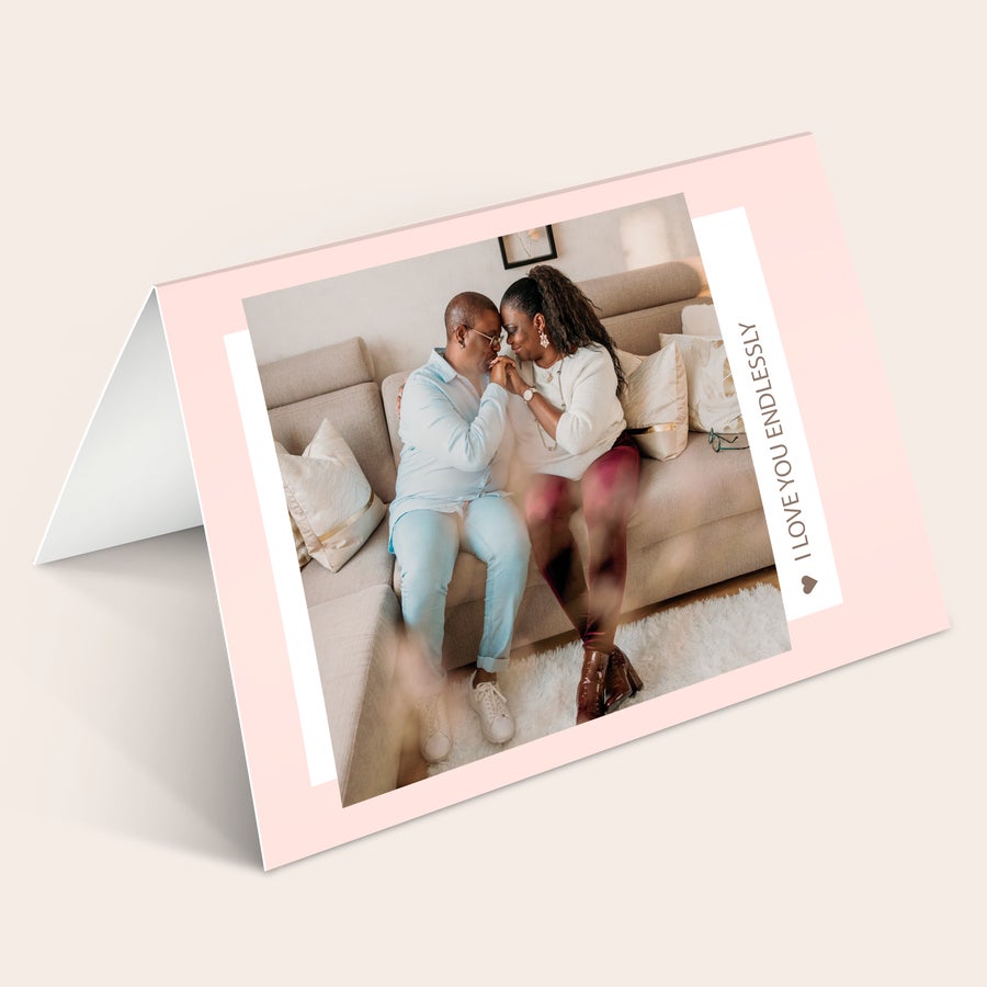 Personalised photo card A personalised photo card printed with a photo of a couple and I love you endlessly text. This personalised photo card is perfect for any occasion.