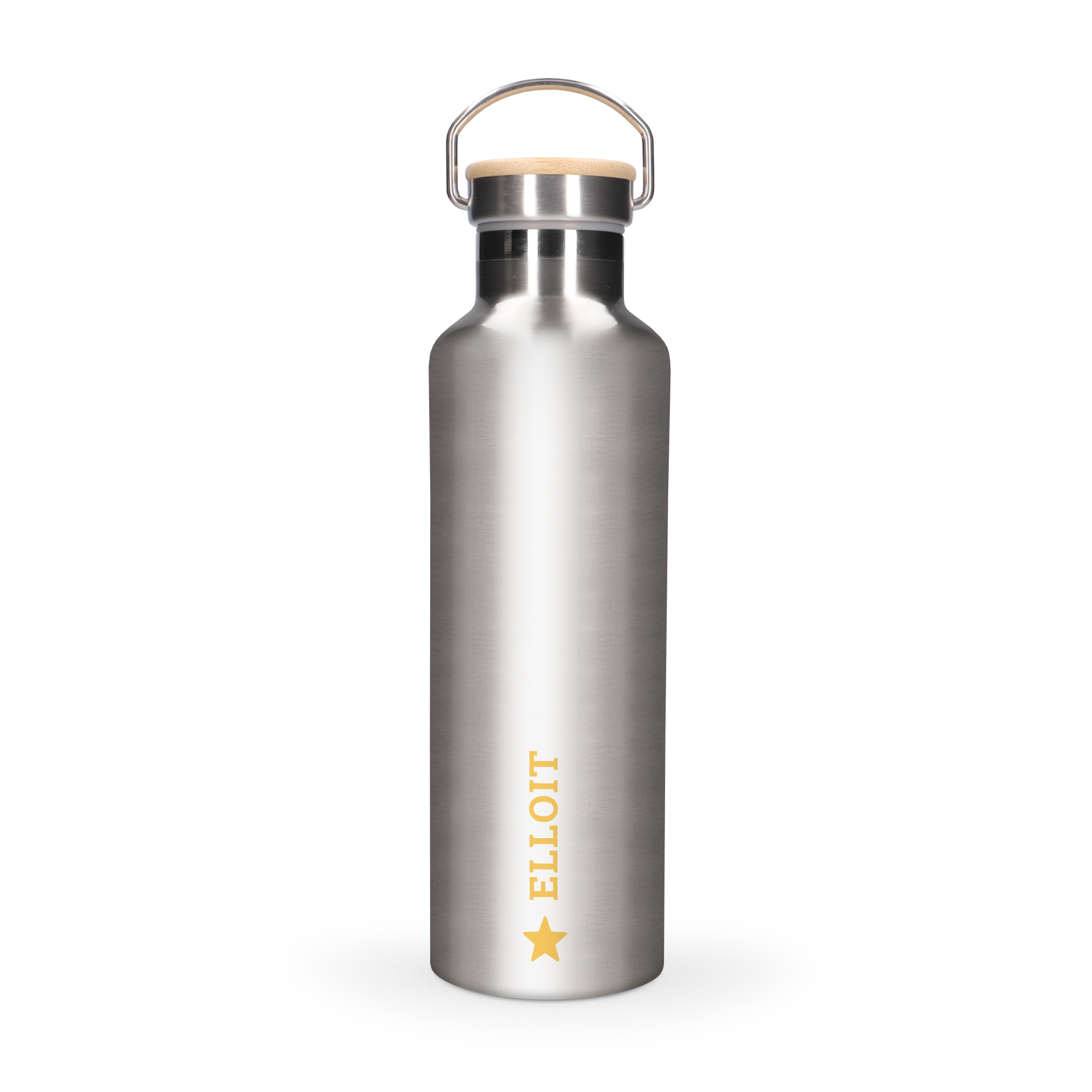 Personalised bamboo water bottle in stainless steel with the name ELLOIT and a star printed on it