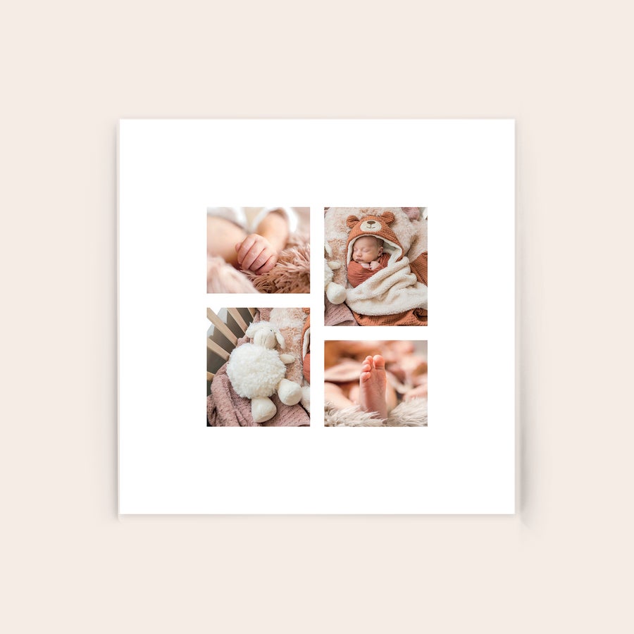 Foto auf Acrylglas Lasse dein Foto auf Acrylglas drucken. Collage mit Babyfotos, Babyhände, Füße und Teddybär, personalisierbar.