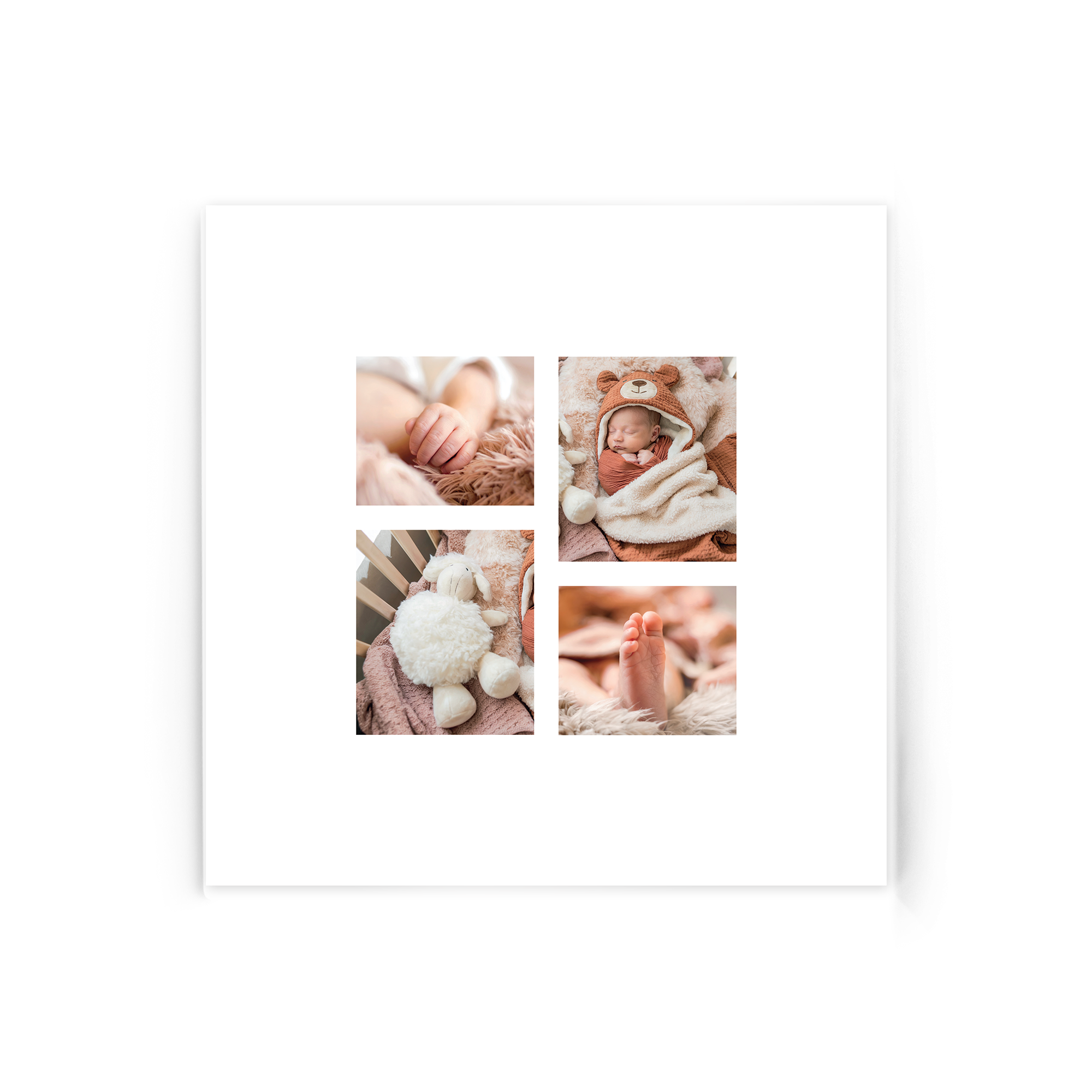 Four photo collage on acrylic featuring a baby's hand, sleeping baby, lamb toy, and baby's foot. Immortalize your most memorable moment with a photo on acrylic.