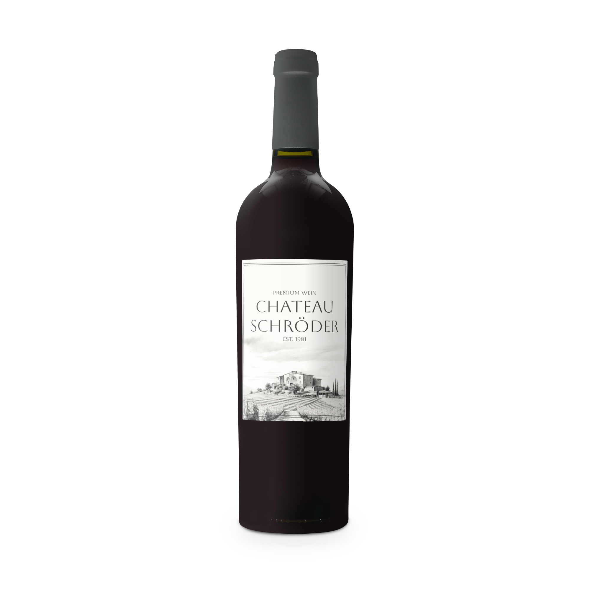 Flasche Riondo Merlot mit weißem personalisiertem Etikett bedruckt mit "CHATEAU SCHRÖDER" und Weingut-Motiv. Das perfekte Weingeschenk.