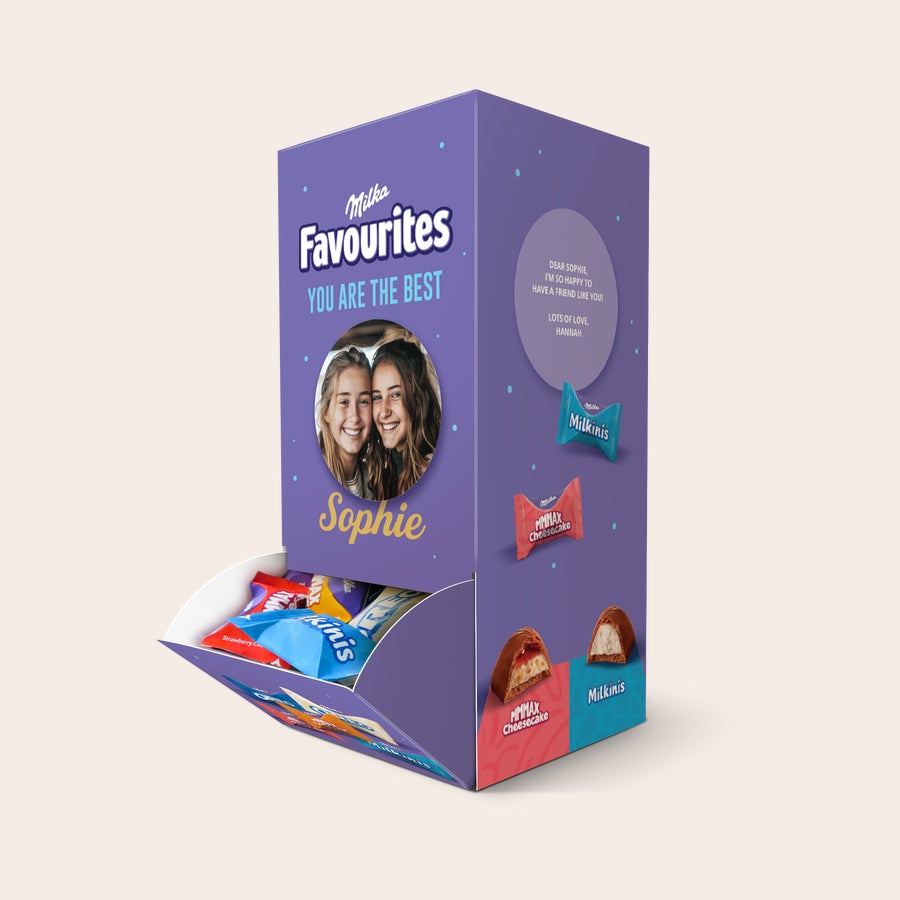 Milka Favourites chocolate dispenser Personalized Milka Favourites chocolate dispenser with a photo, the name Sophie, and a custom message printed on it.