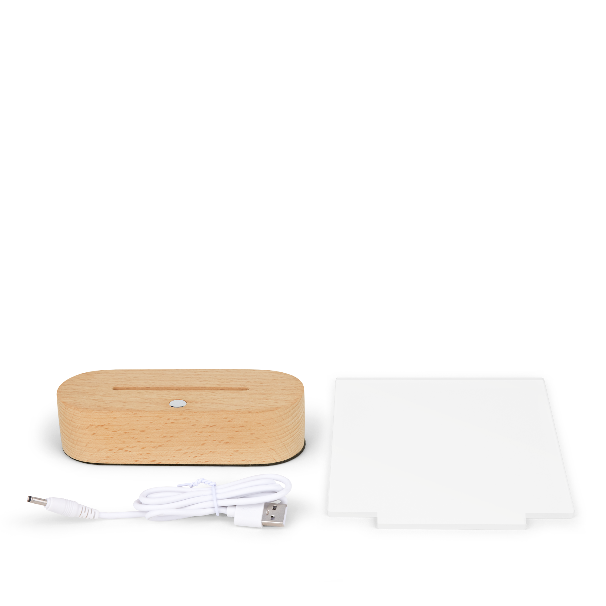 Base de madeira para luz personalizada com placa de acrílico gravada e cabo USB