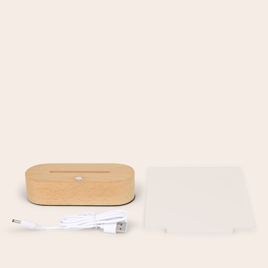 Luz acrílica con soporte Luz LED de acrílico con base de madera y cable USB, personalizable con nombre o texto grabado.
