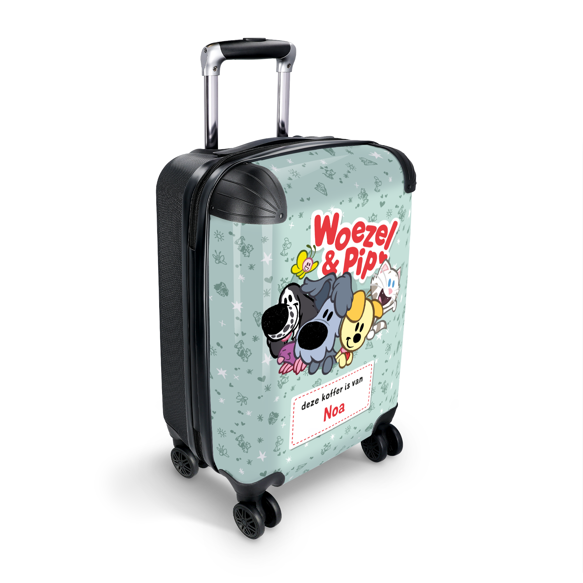 Woezel & Pip naamkoffer handbagage, lichtblauw met Woezel & Pip print en de naam Noa. Perfect voor kids.