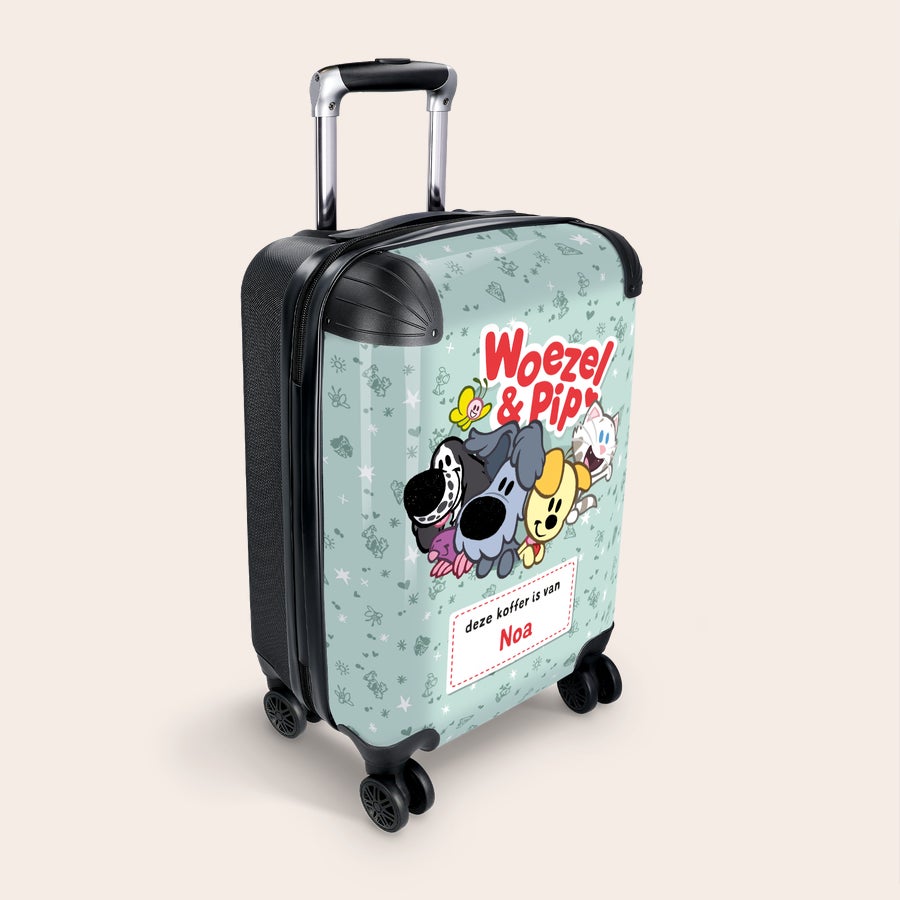 Woezel & Pip naamkoffer handbagage Woezel & Pip naamkoffer handbagage, lichtblauw met Woezel & Pip print en de naam Noa. Perfect voor kids.