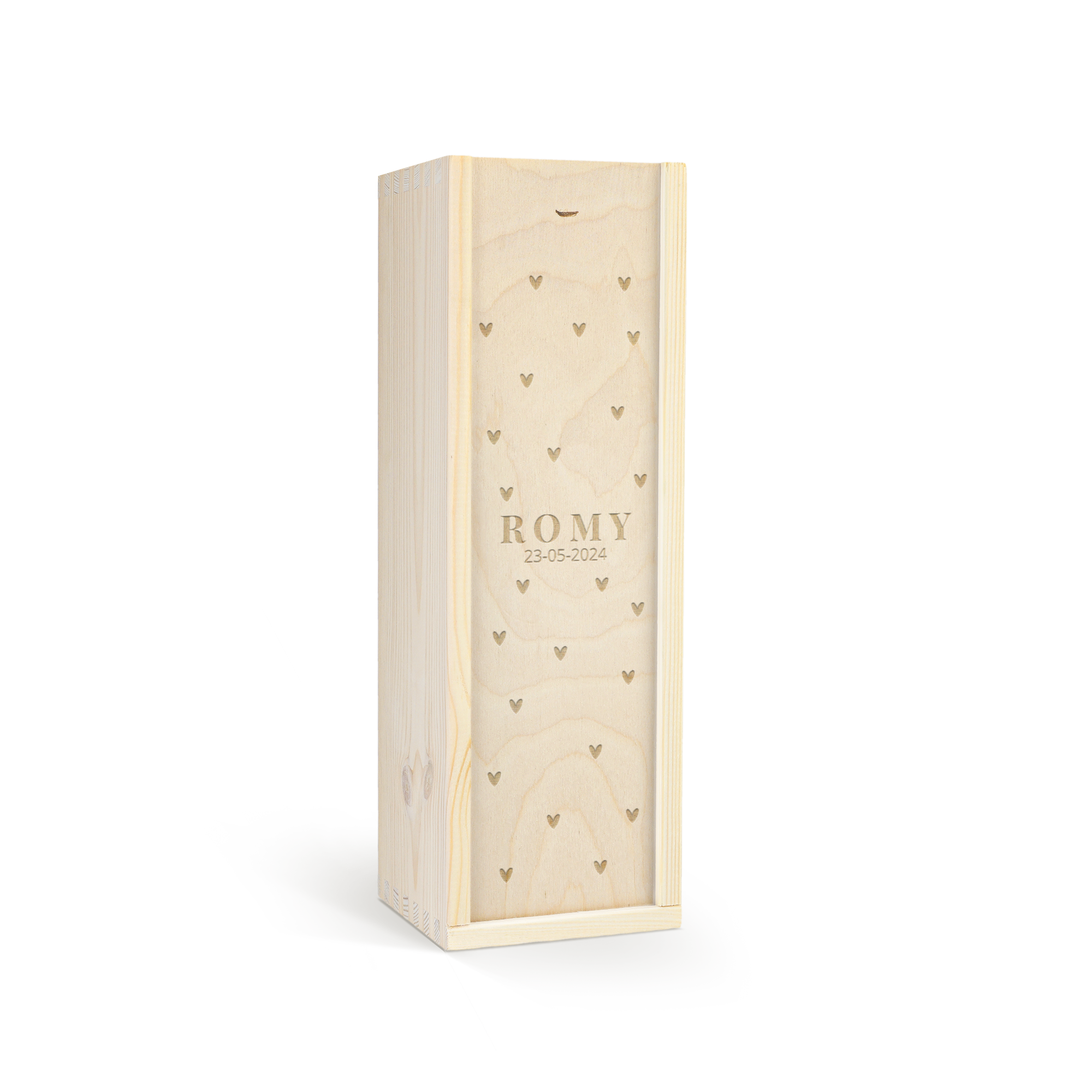 Personalisierte Glühwein Holzkiste mit graviertem Namen ROMY und Datum 23-05-2024, verziert mit Herzen für Dein Geschenk zu Weihnachten