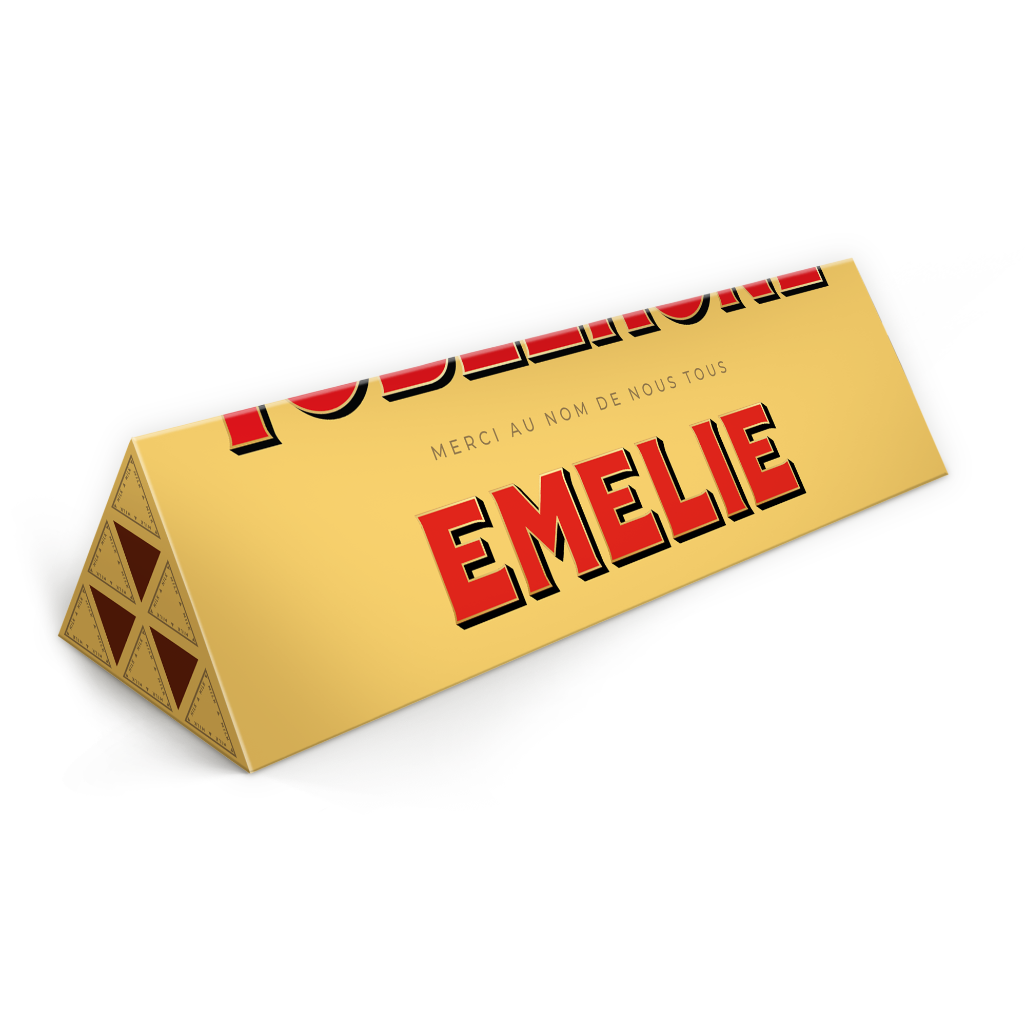 Toblerone personnalisé - 1800 g avec emballage imprimé du prénom Émelie et un message.