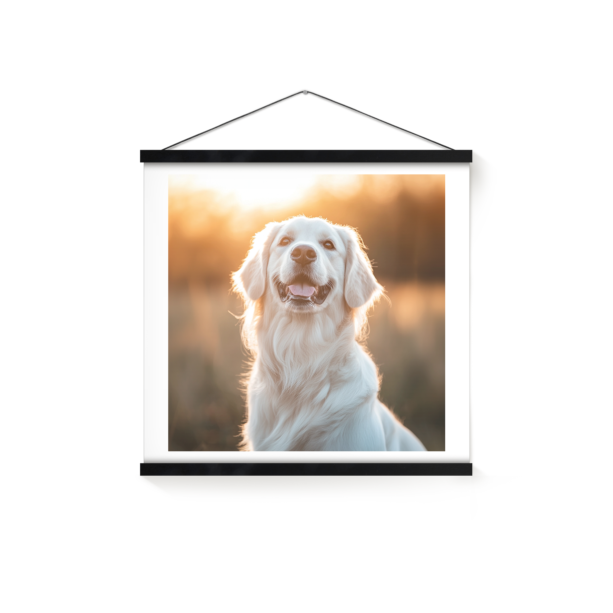 Gepersonaliseerde poster met foto van blije Golden Retriever, bevestigd aan een magnetische posterhanger van zwart hout, te personaliseren.