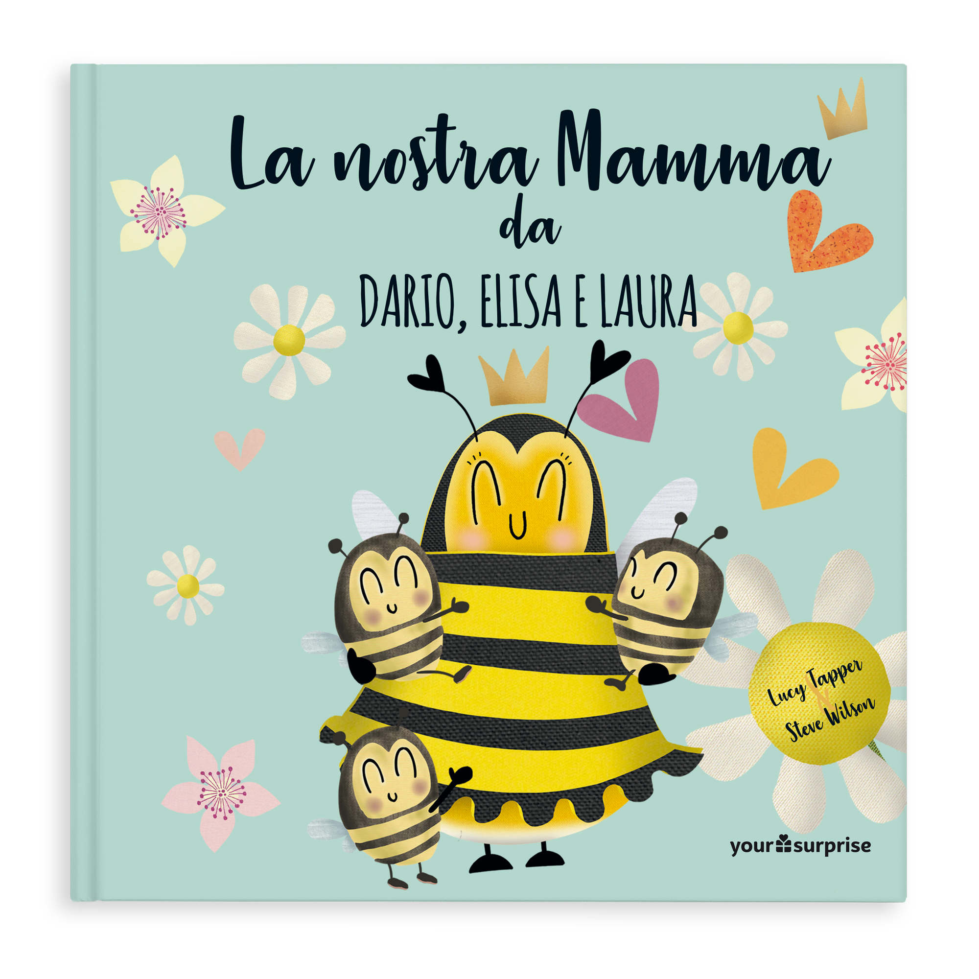 Libro personalizzato La Nostra Mamma con copertina azzurra, api e fiori che crea una storia bellissima con te e la tua mamma come protagonisti.
