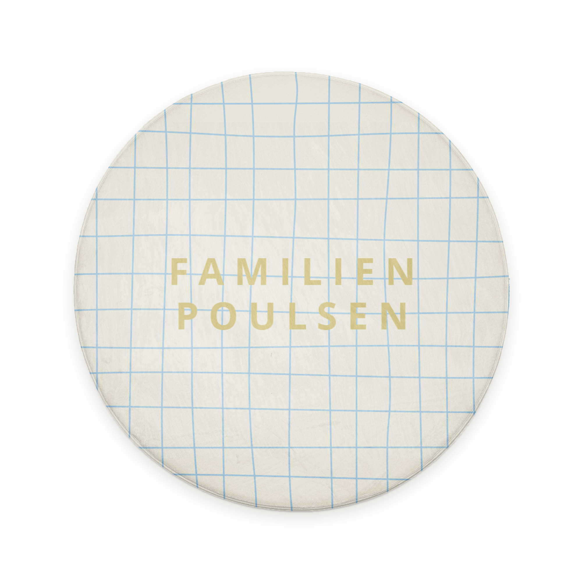 Rund personlig bademåtte med blåt ternet mønster og "Familien Poulsen" trykt i gult for et personligt fristed.