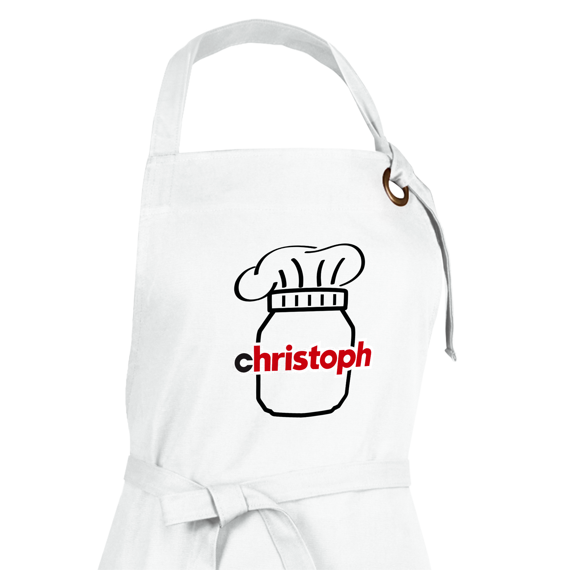 Weiße Schürze, bedruckt mit einem Chefkochhut auf einem Nutella-Glas und dem Namen Christoph. Perfekt für das personalisierte Backspaß-Geschenkset.