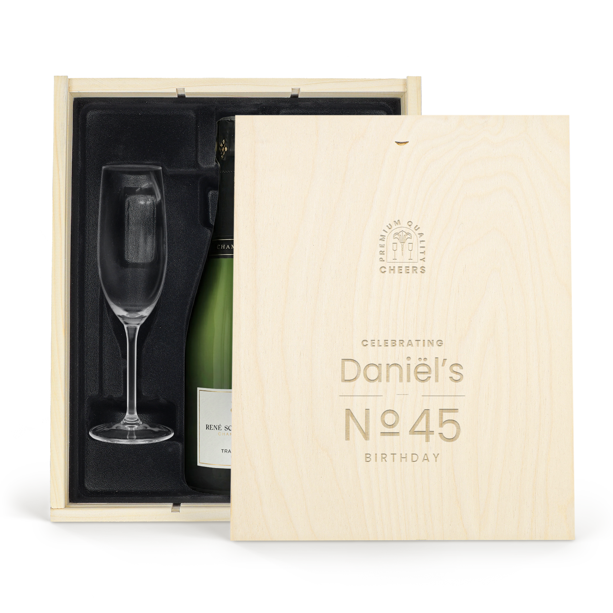 Champagnepakket met glazen René Schloesser 750ml met gepersonaliseerde gegraveerde houten deksel voor een verjaardag.
