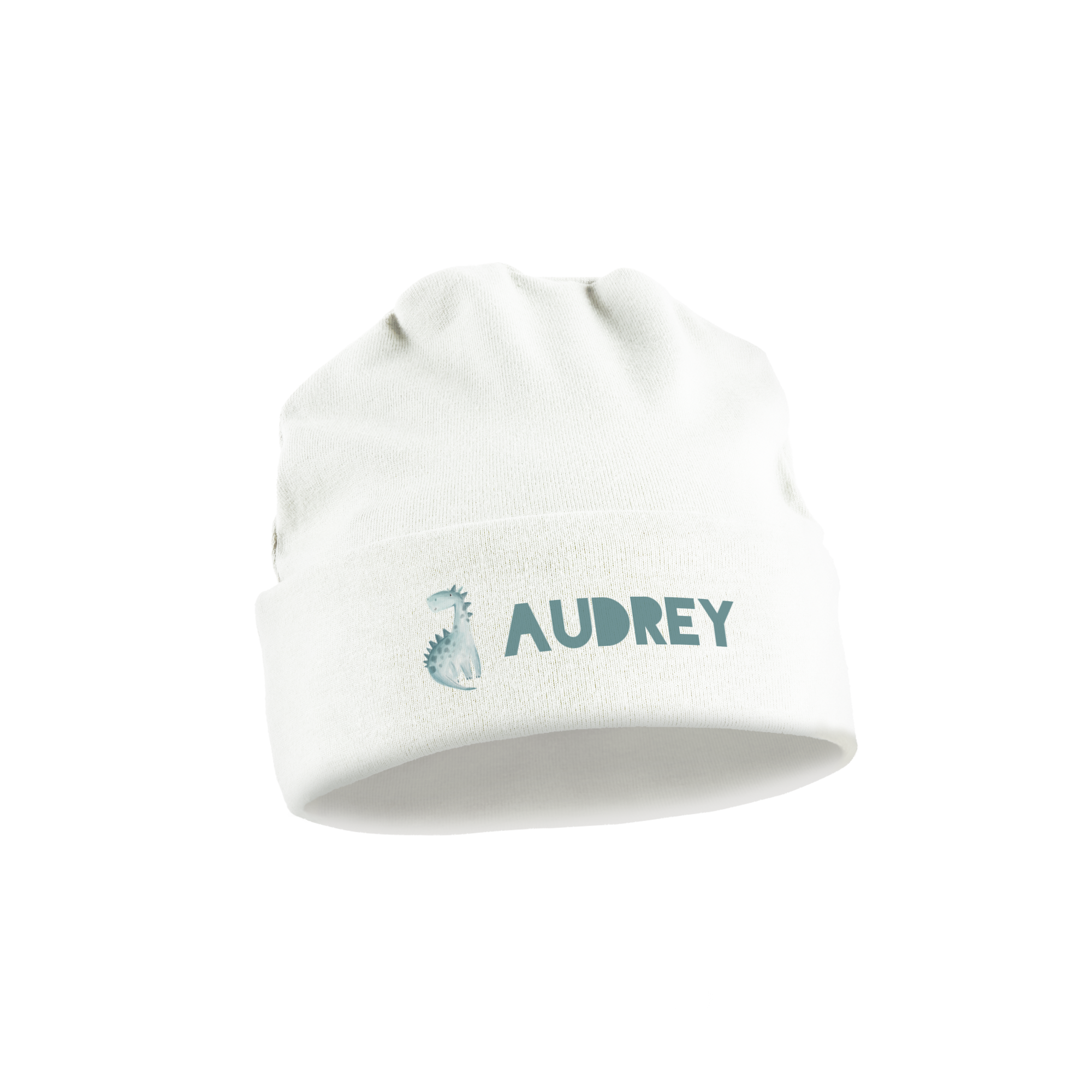 Bonnet de naissance blanc personnalisé avec le prénom Audrey et un motif dinosaure bleu imprimés