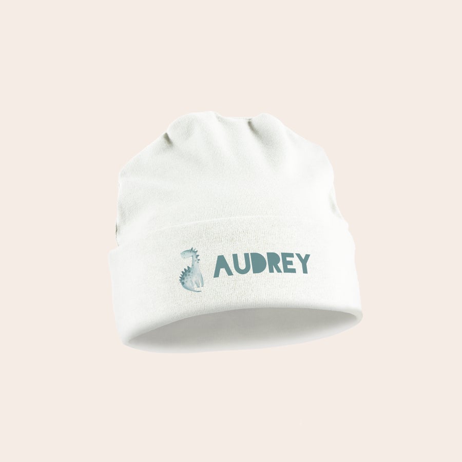 Bonnet naissance personnalisé Bonnet de naissance blanc personnalisé avec le prénom Audrey et un motif dinosaure bleu imprimés