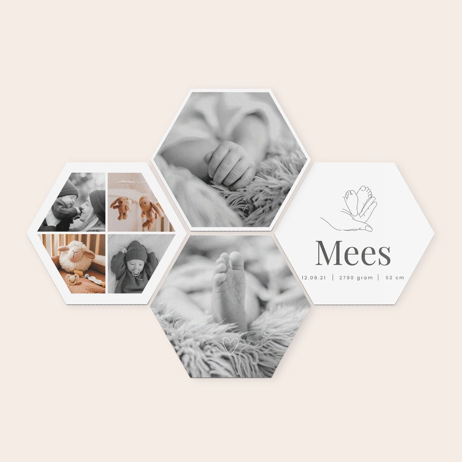 Personalised wall art panels A set of five hexagonal forex wall art panels printed with black and white baby photos and birth details including the name Mees