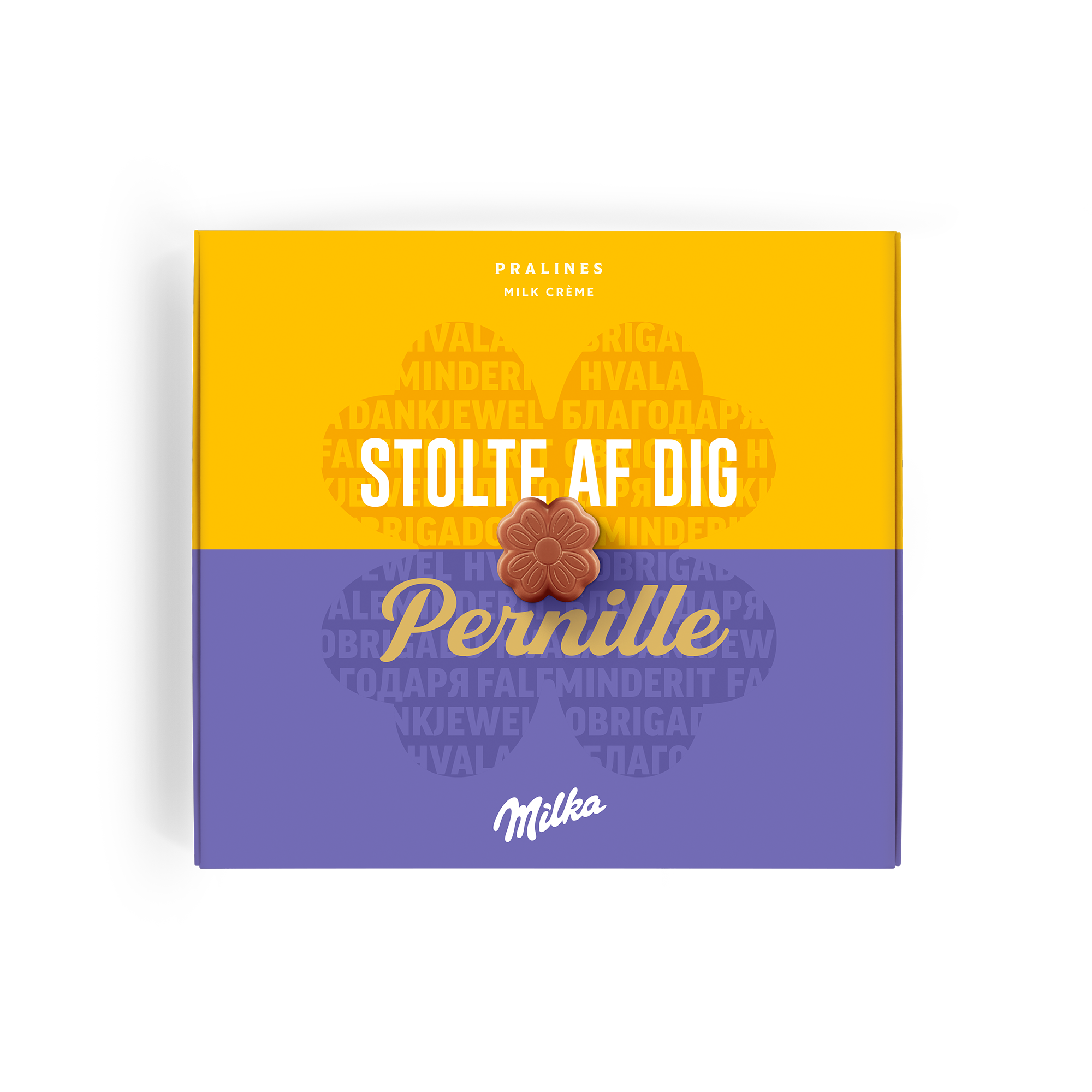 En personlig Sig det med Milka chokolade gaveæske med teksten Stolte af dig og Pernille, trykt på æsken.