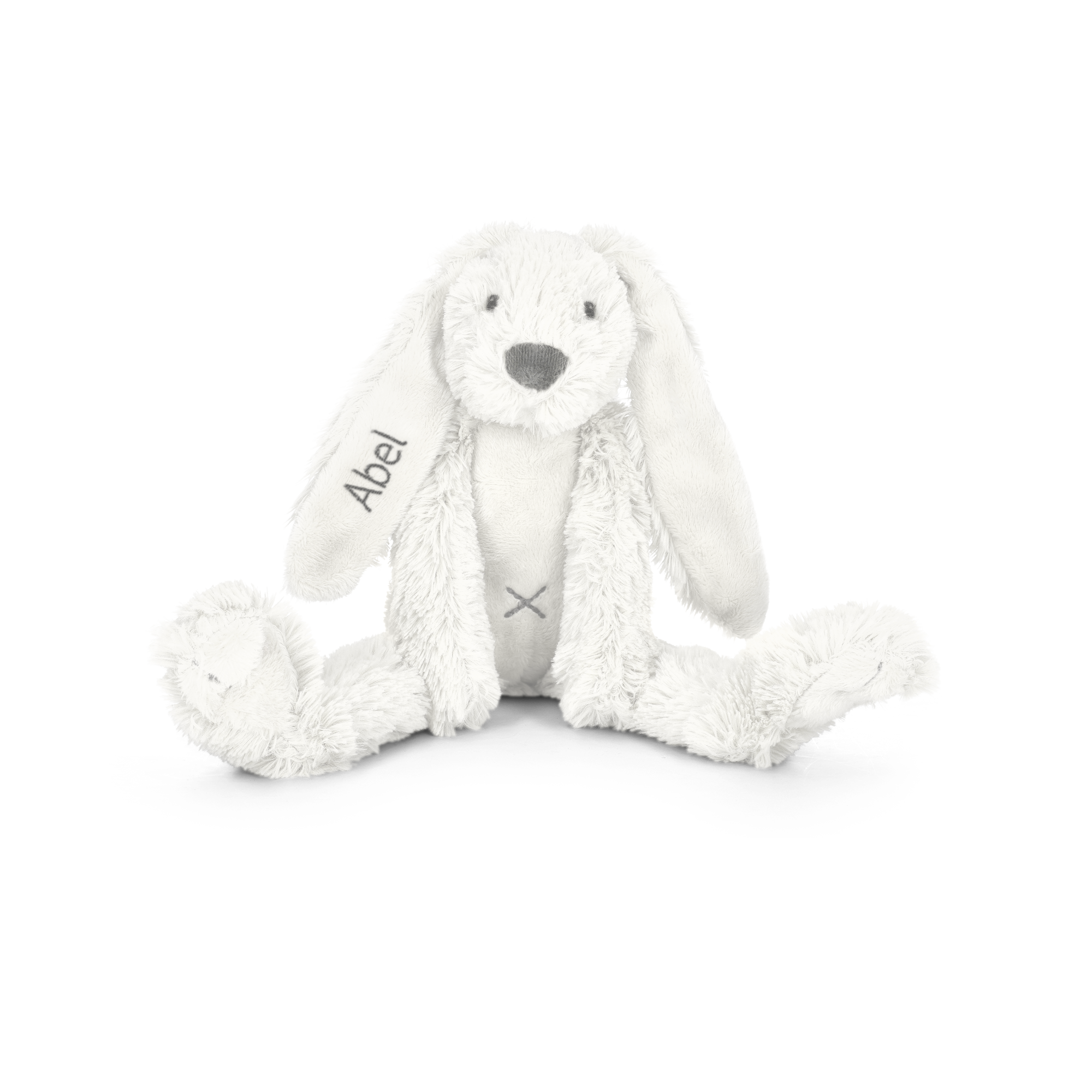 Hvitt, personlig kosedyr Tiny Rabbit Richie, brodert med navnet Abel på det ene øret og en X på magen.