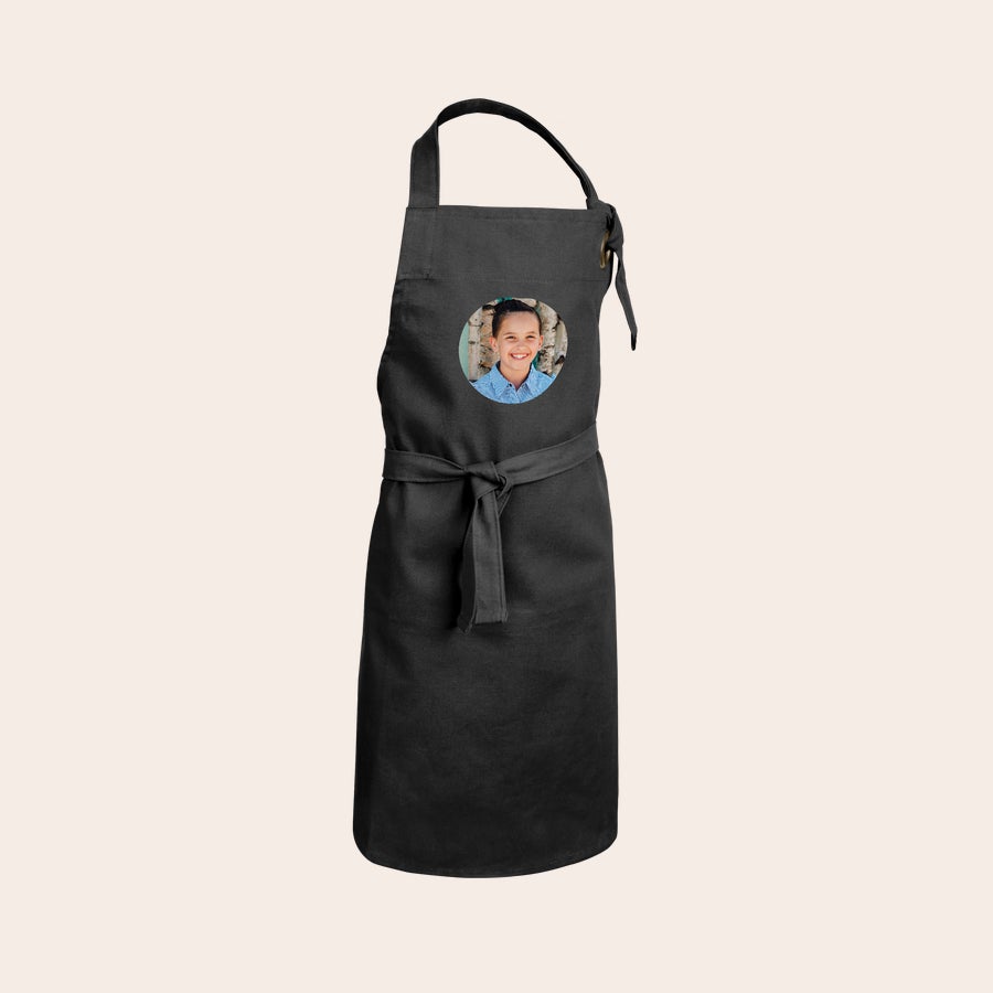 Delantal infantil personalizado Delantal personalizado para niños en color negro con una foto de un niño sonriendo impresa en el centro como regalo