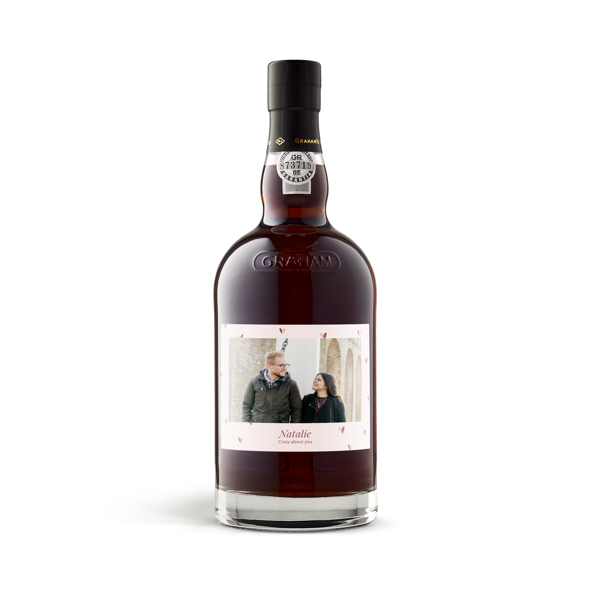 Garrafa de Graham's The Tawny Reserva personalizada com rótulo impresso com foto de casal, nome Natalie e texto "Crazy about you"