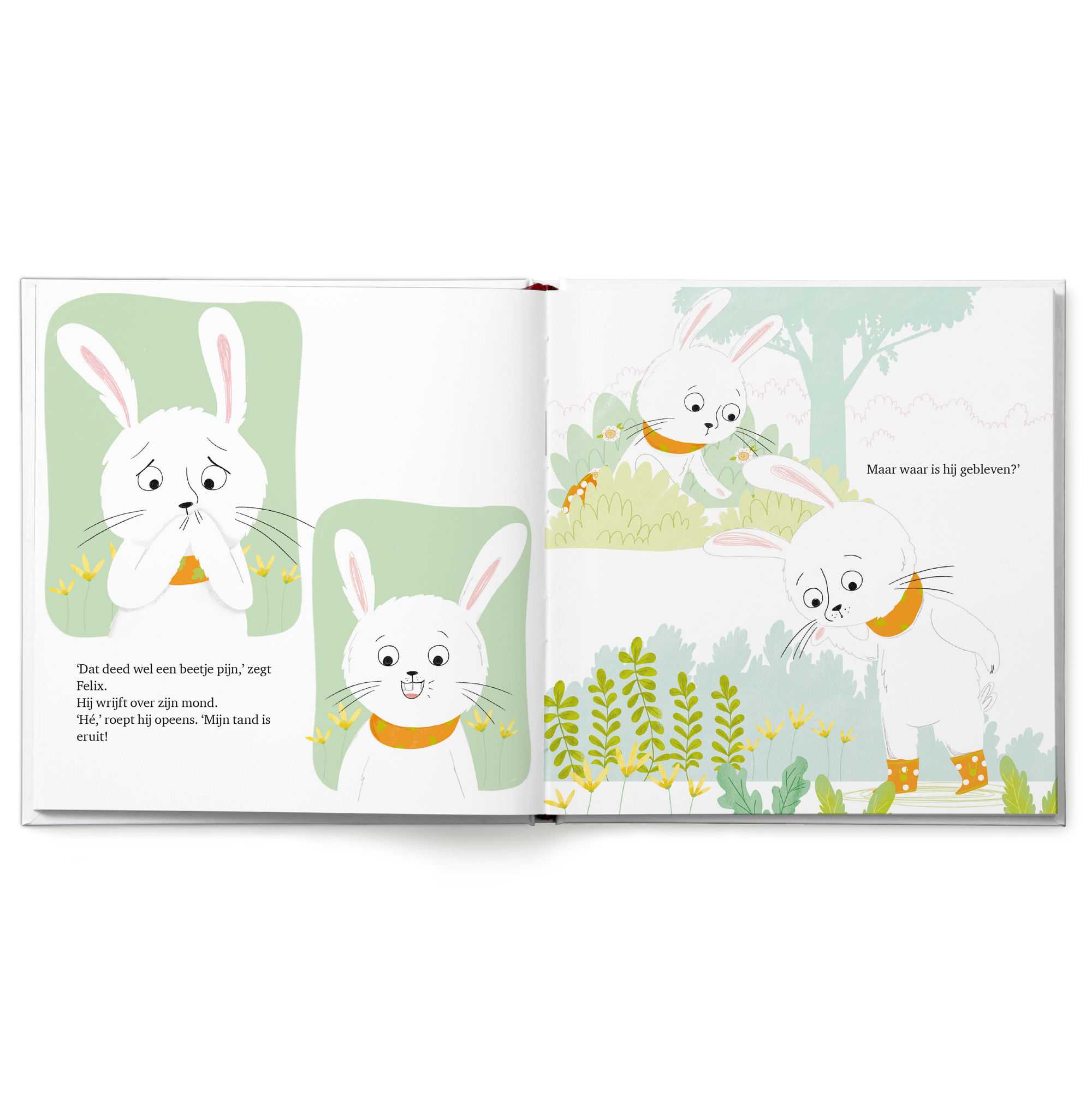 Open prentenboek over Konijn met een wiebeltand, gepersonaliseerd met kindernaam, toont Felix die zijn tand wisselt
