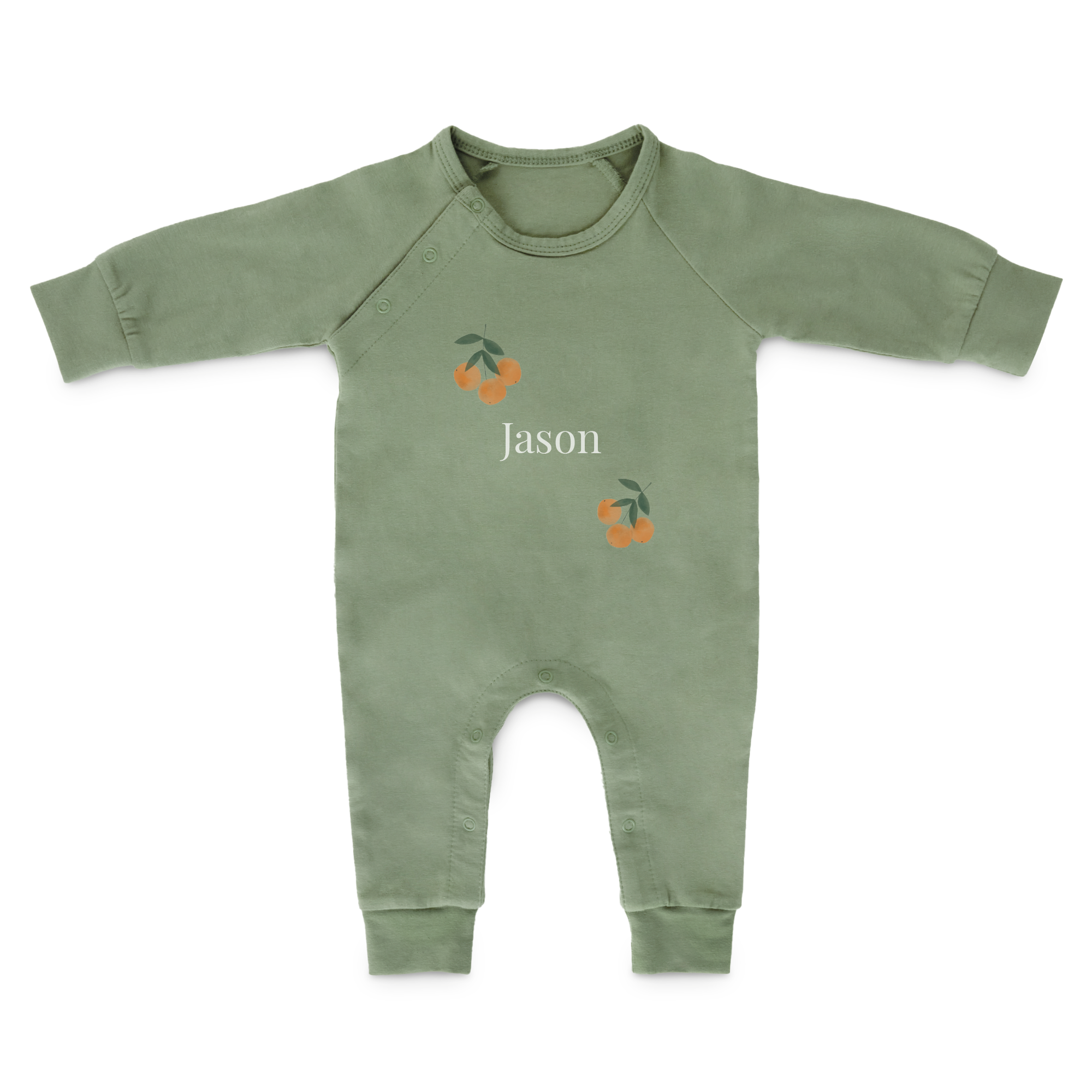 Tutina stampata e personalizzata verde salvia con nome Jason e agrumi stampati