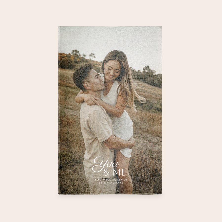 Printed rug Personalised rug printed with a photo of a couple and the text You & Me, You Will Forever Be My Always