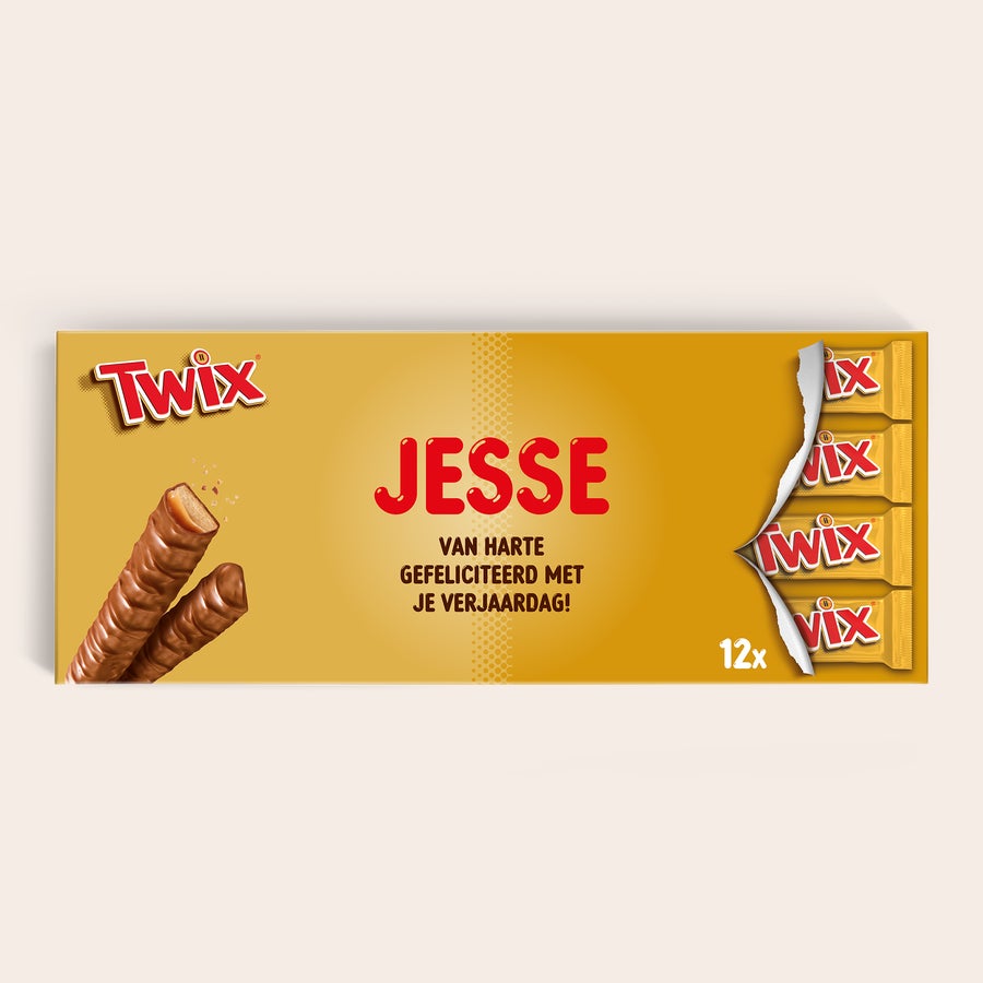 Mega Twix reep met naam en foto bedrukken Mega Twix reep met naam Jesse en gelukwens bedrukt, ideaal om een Mega Twix reep met naam en foto te bedrukken voor een verjaardag.