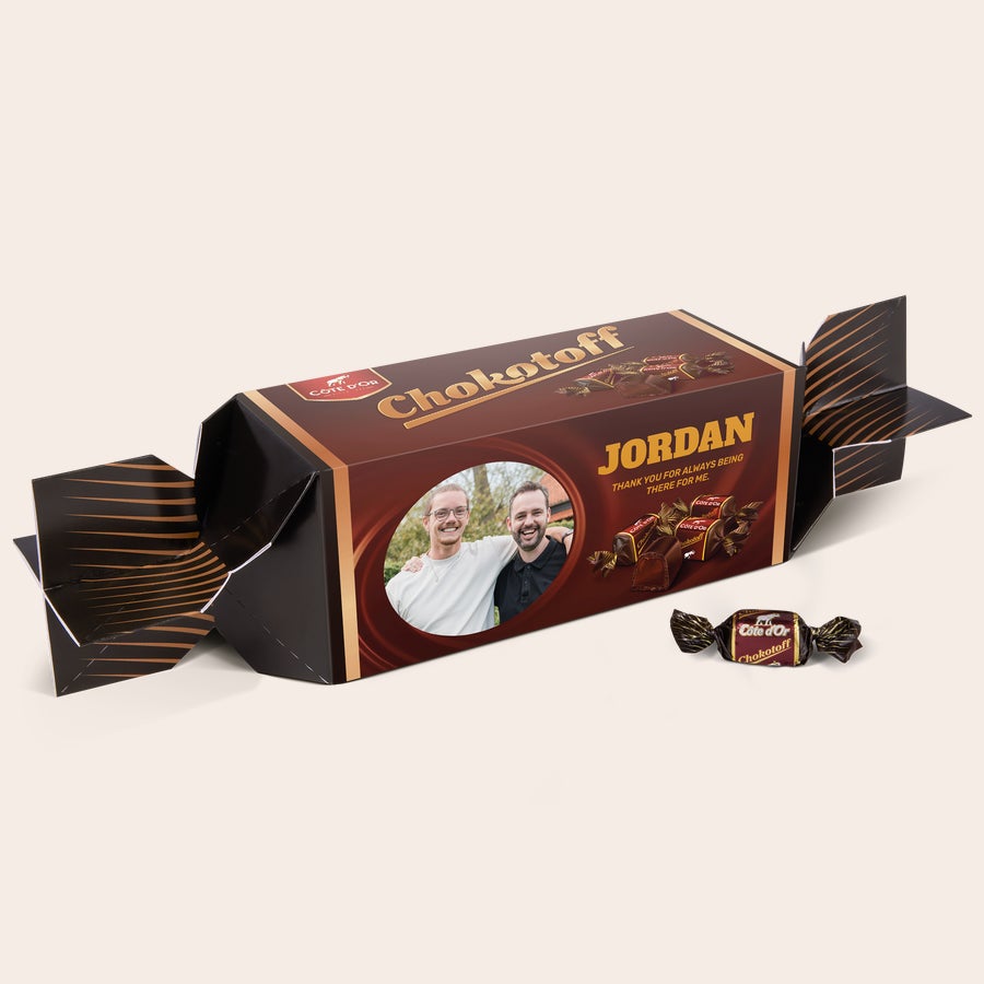 Presente personalizado Chokotoff toffee Embalagem de Chokotoff personalizada com foto, o nome Jordan e uma mensagem impressos