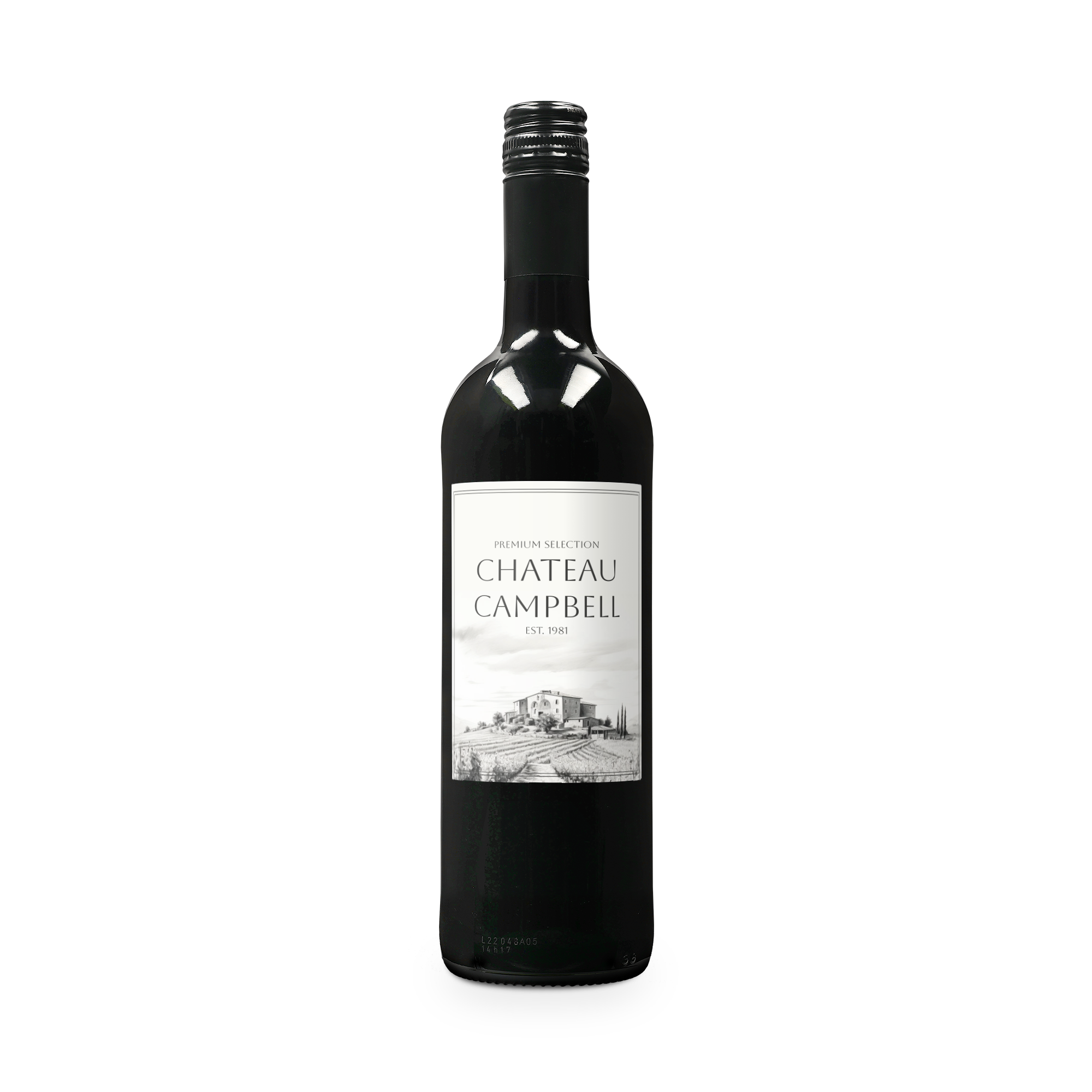 Fľaša červeného vína Belvy s personalizovanou etiketou, ktorá má potlačený text "PREMIUM SELECTION CHATEAU CAMPBELL EST. 1981" a obrázok vinice.
