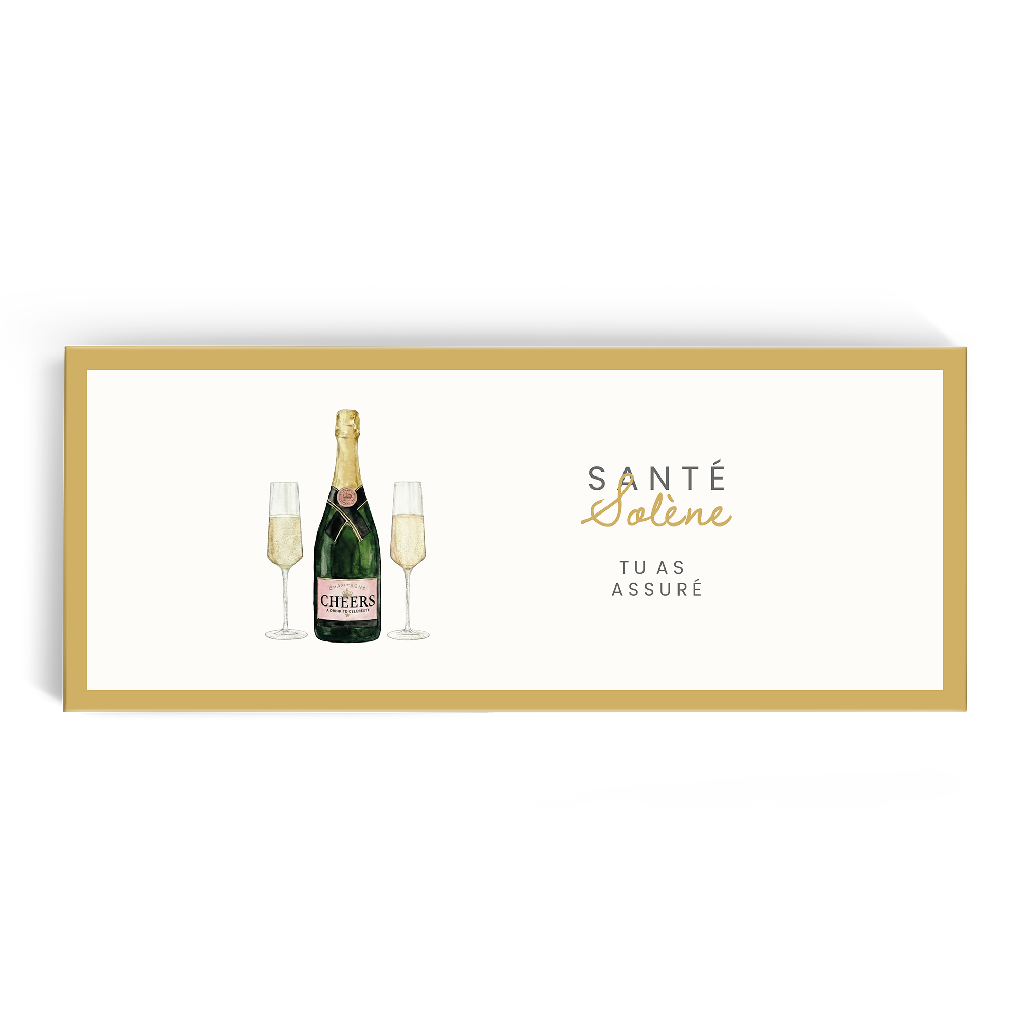 Barre de chocolat géante personnalisée Ritter Sport - 8 pièces avec un message "Santé Solène tu as assuré" et des illustrations de champagne