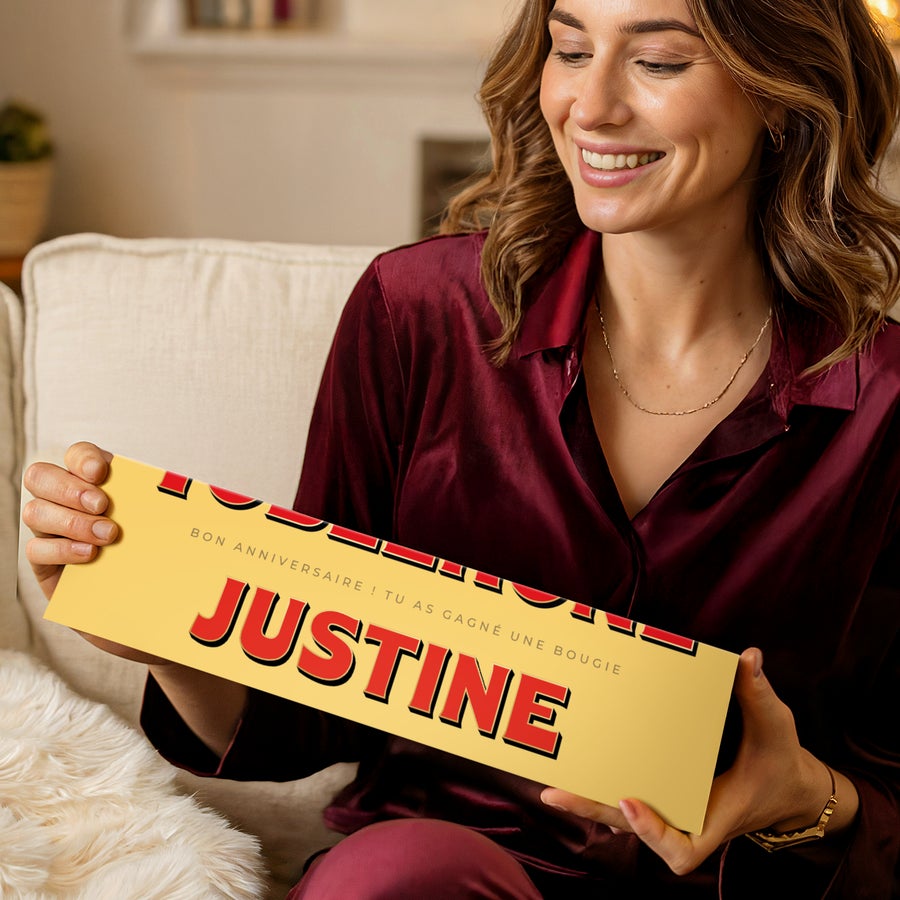 Toblerone personnalisé Toblerone personnalisé - 1800 g avec emballage imprimé Bon Anniversaire et prénom Justine