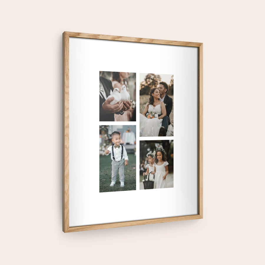 Personalised photo print with frame Personalized photo print with a wooden frame, printed with four custom photo moments to hang on your wall.