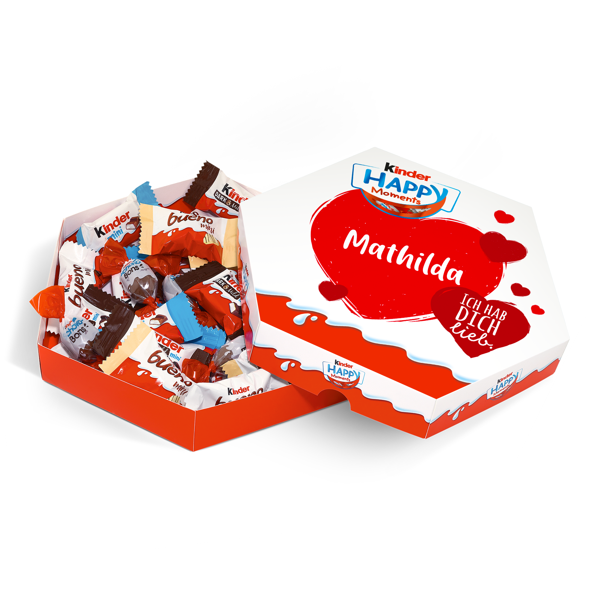 Offene Geschenkbox kinder Happy Moments mit Schokomischung, Deckel mit Herz und dem gedruckten Namen Mathilda personalisiert.