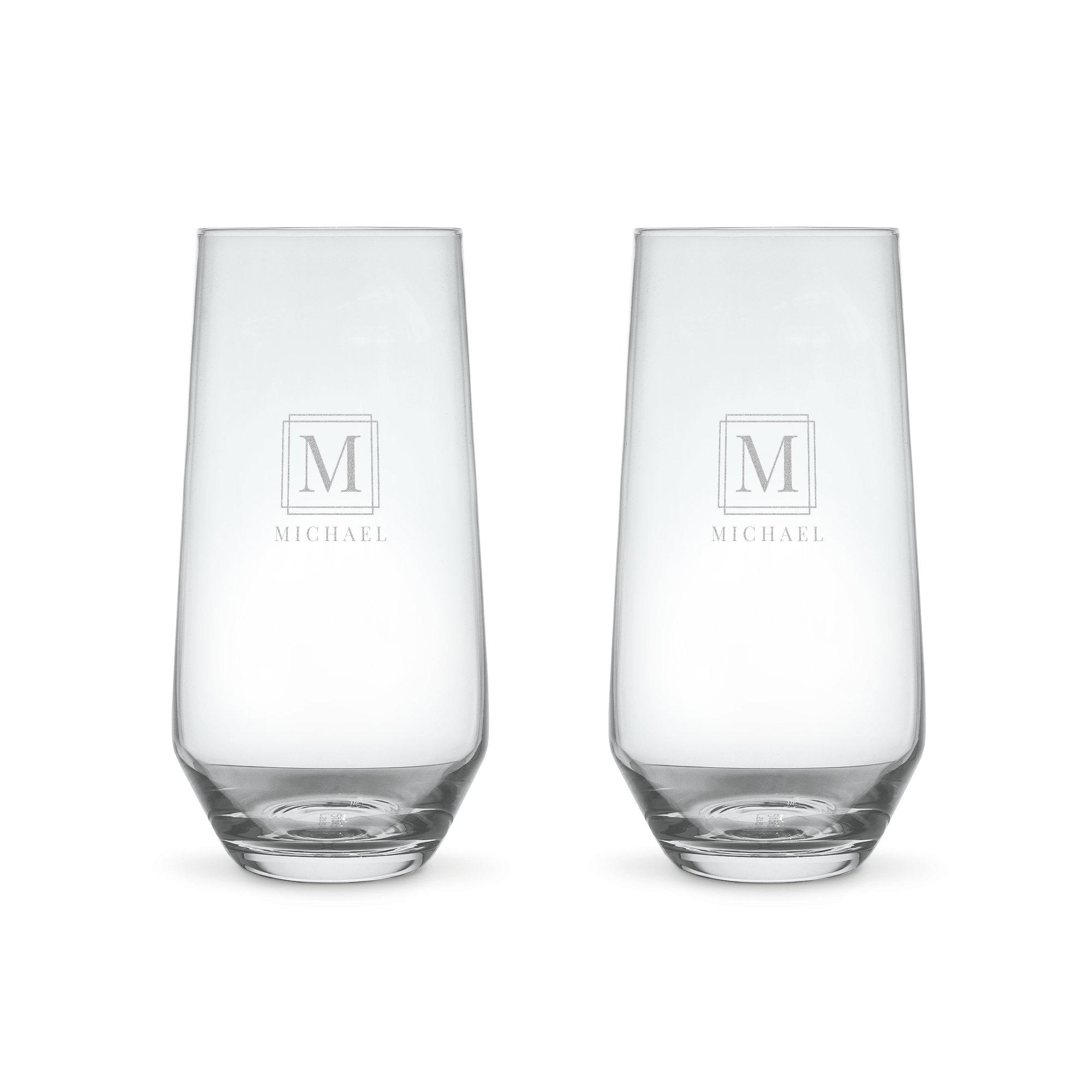 A pair of personalized water glasses laser engraved with the name Michael and an M monogram.