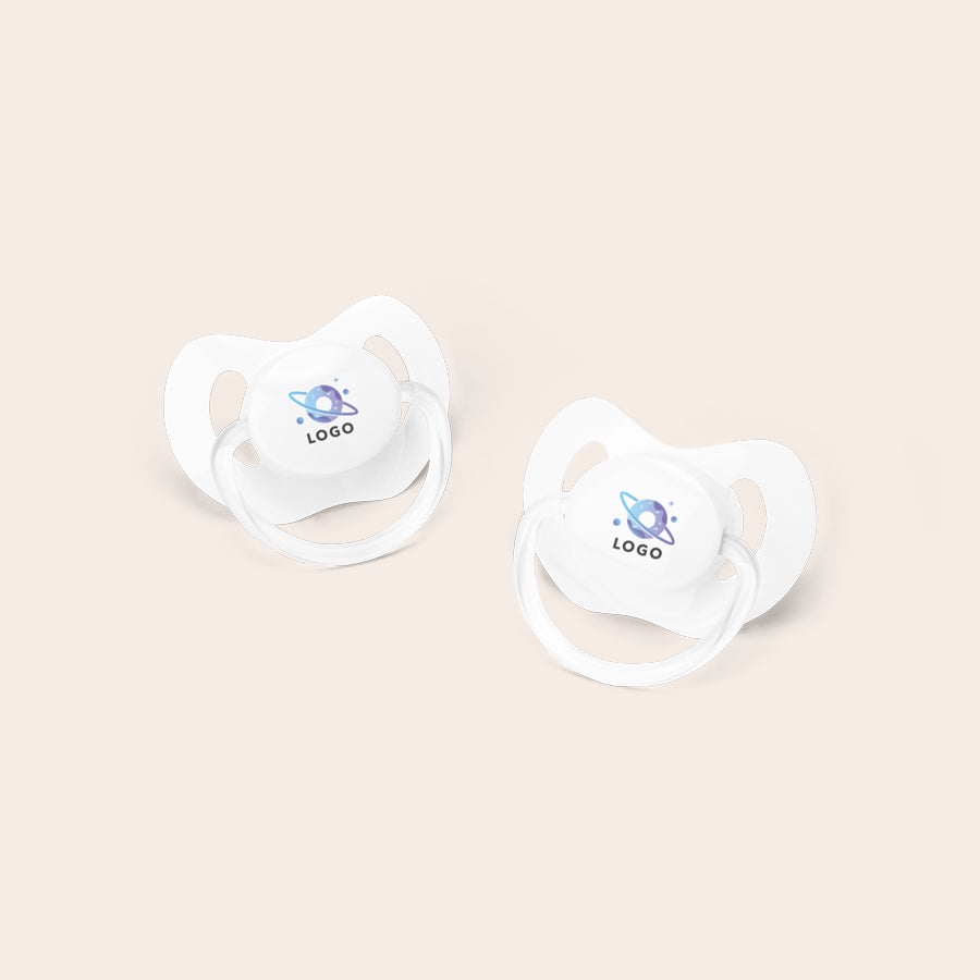 Personalised dummies White personalized dummies with a custom logo design, featuring space for a name