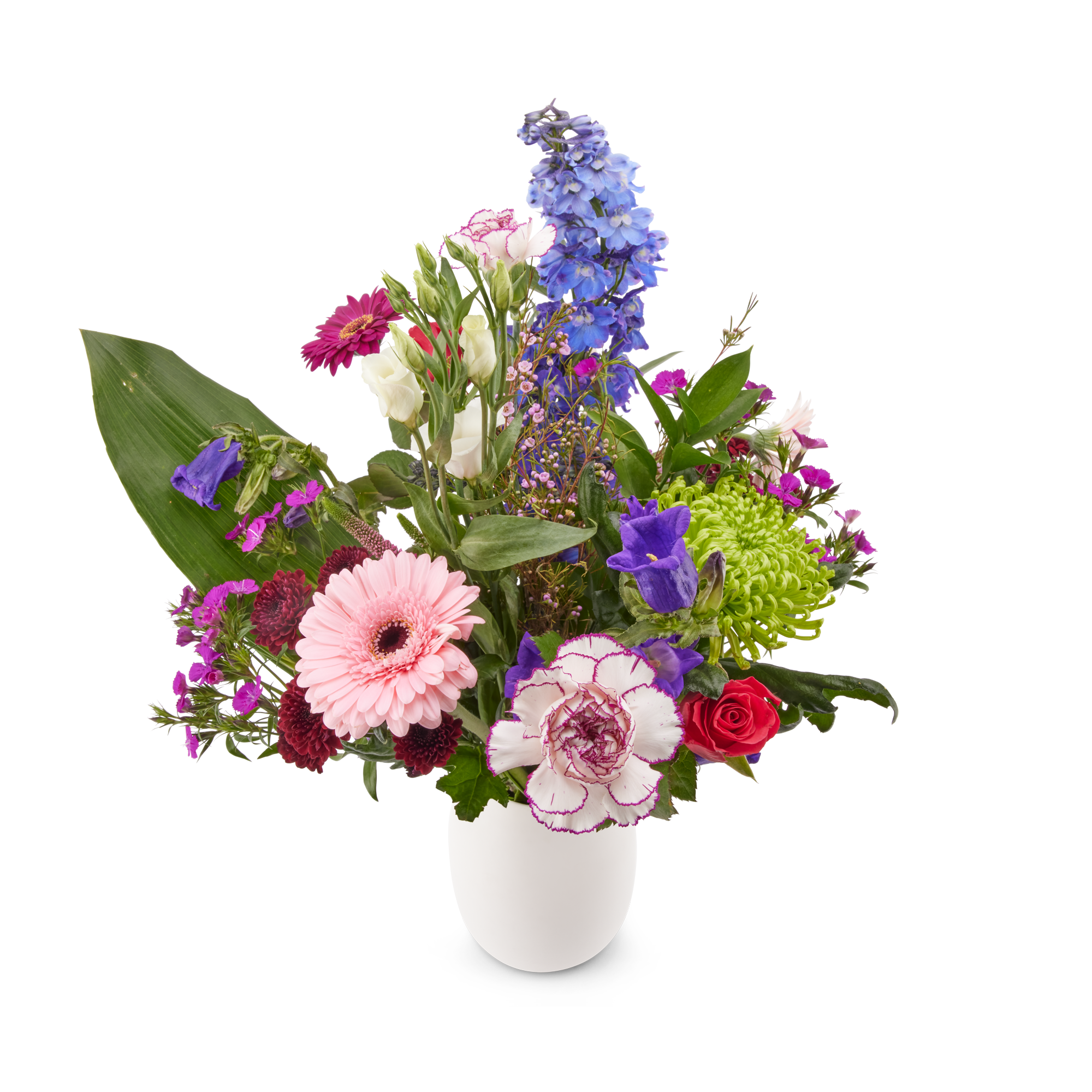 Natuurlijk plukboeket met rode rozen, roze gerbera's, witte anjers en paarse bloemen, ideaal om te laten bezorgen met een gratis cadeaukaartje