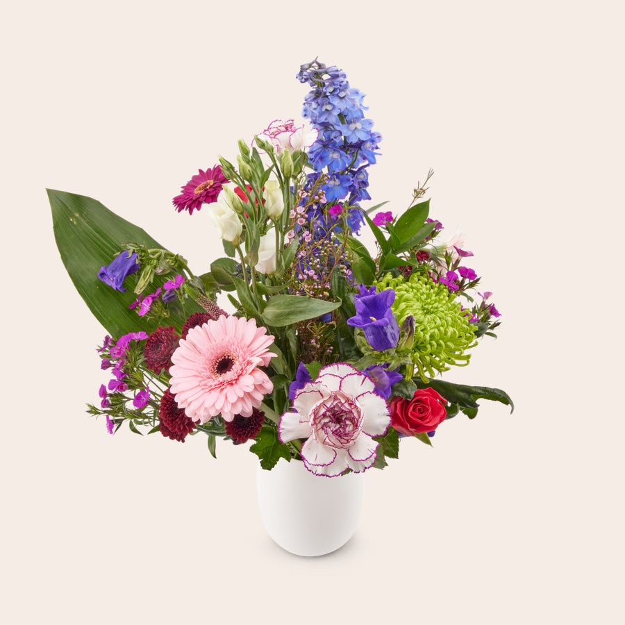Blumen - Pflückblumen Naturel Bunter Strauß Pflückblumen mit Gerbera, Nelken und Rosen in einer Vase, personalisierbar mit kostenloser Geschenkkarte