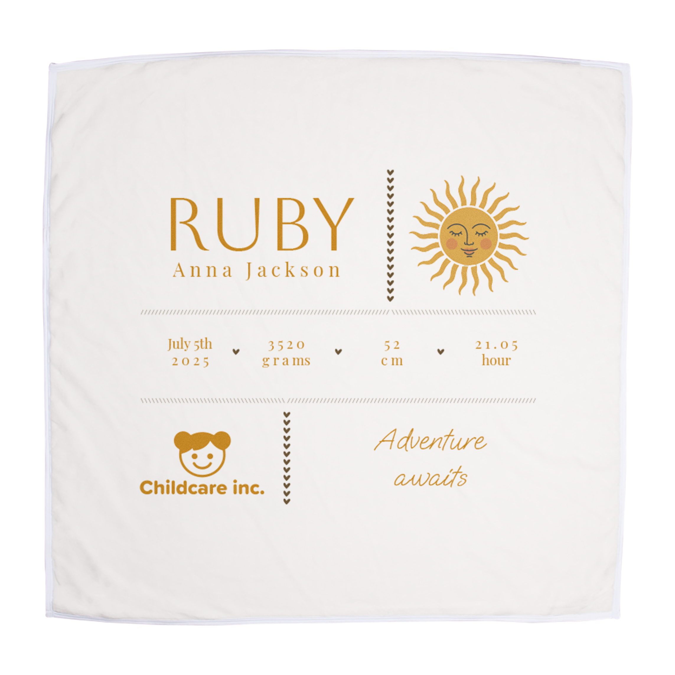 Coperta morbida per neonati con stampa personalizzata del nome Ruby, dati di nascita e design con sole