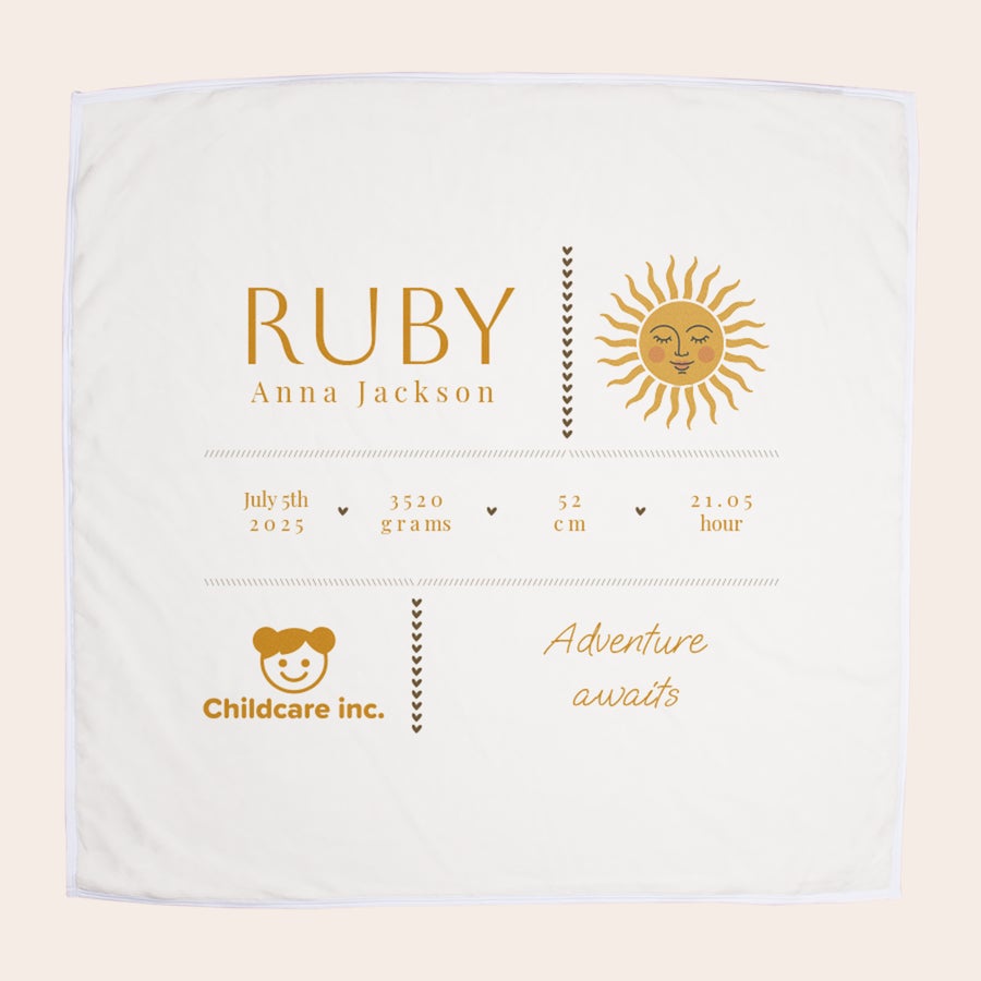 Copertina neonato personalizzabile Coperta morbida per neonati con stampa personalizzata del nome Ruby, dati di nascita e design con sole