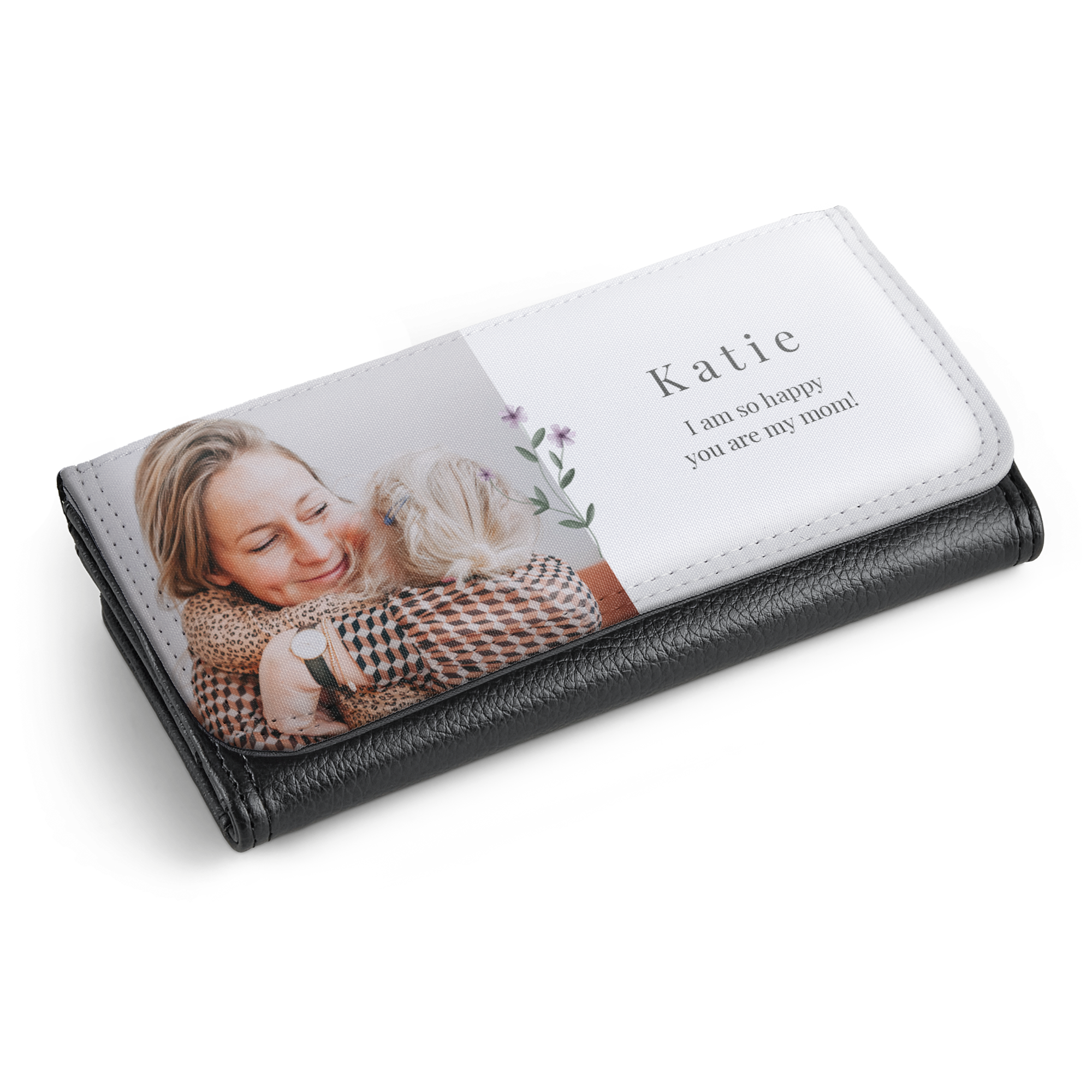 Personalised large purse with a photo of a woman and child, and "Katie I am so happy you are my mom!" printed on the flap