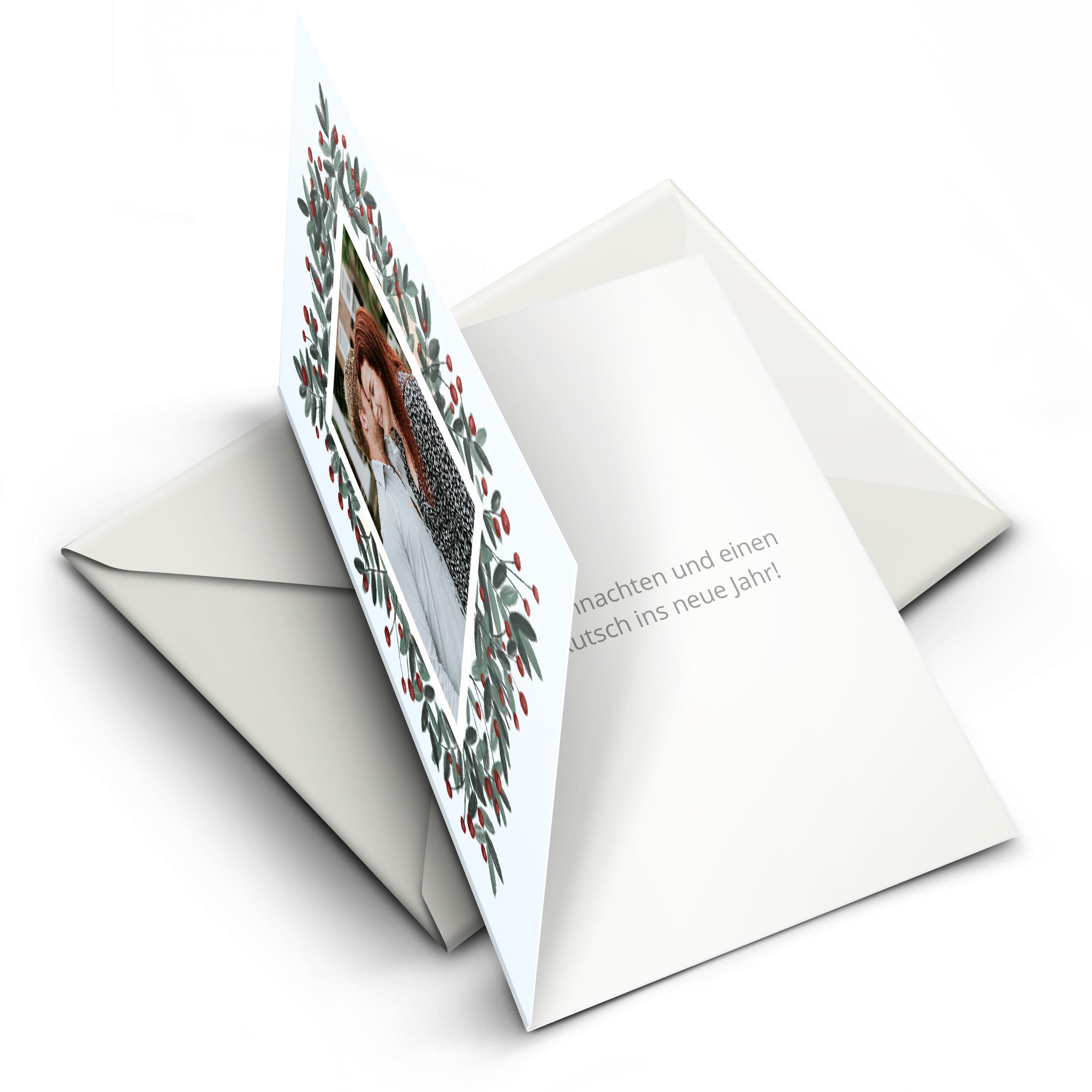 Personalisierte Weihnachts-Fotokarte mit floralem Design und einem Bild eines Paares, gedruckt mit individuellem Text