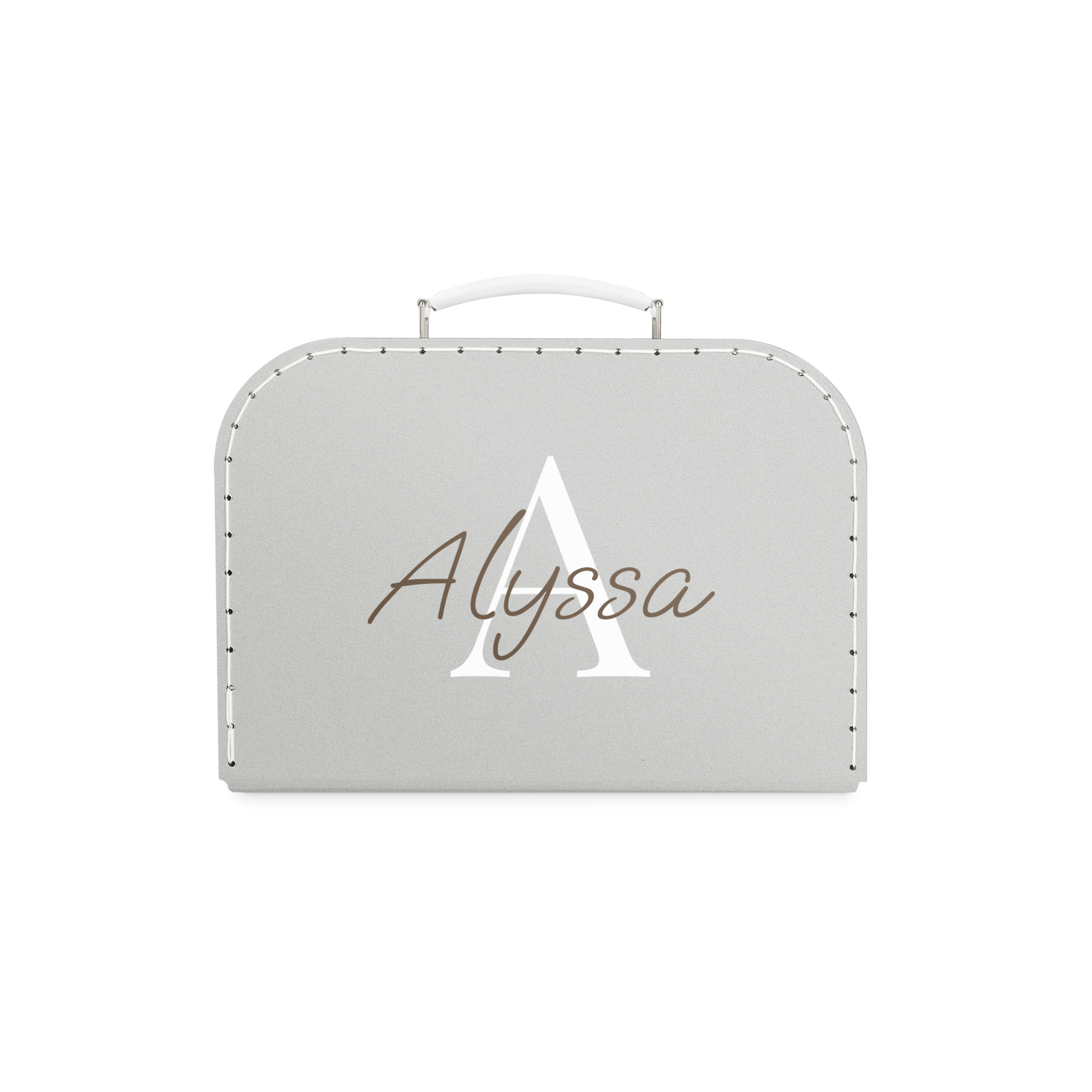 Valisette personnalisable grise avec l'initiale A et le prénom Alyssa, imprimée sur la face avant.