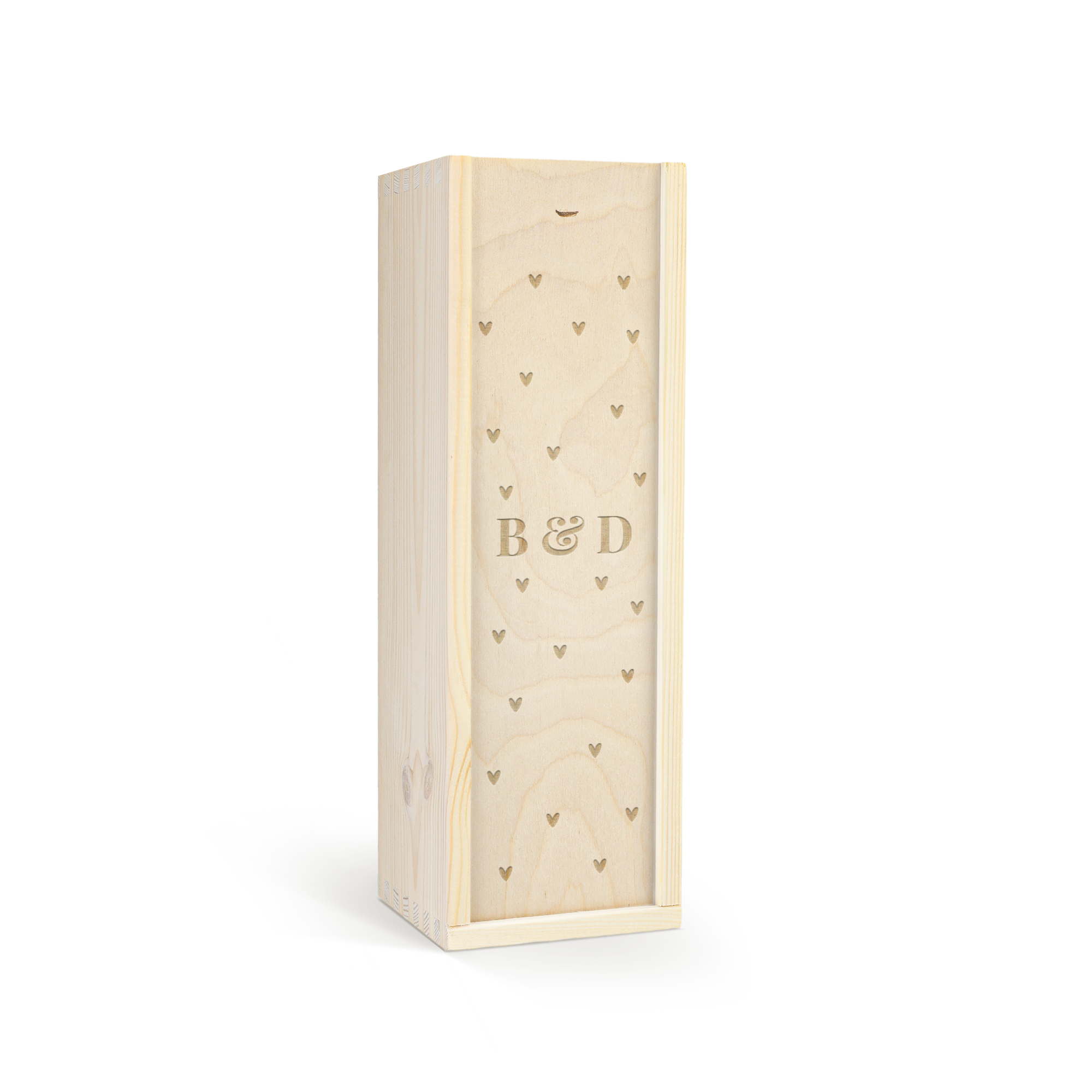 Engraved wooden case for Grey Goose vodka with initials B & D and heart design