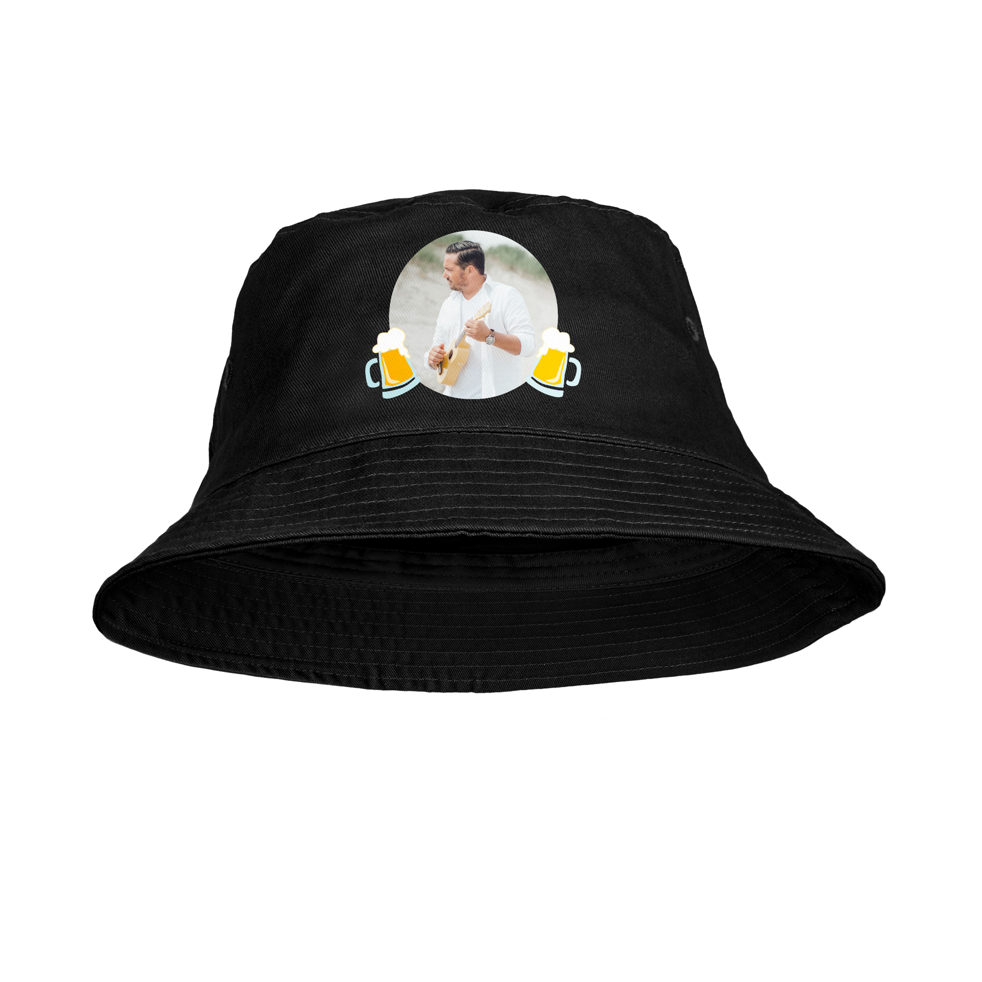 Svart personlig bucket-hatt med tryckt foto och ölglas. Överraska dina nära och kära med en unik design!