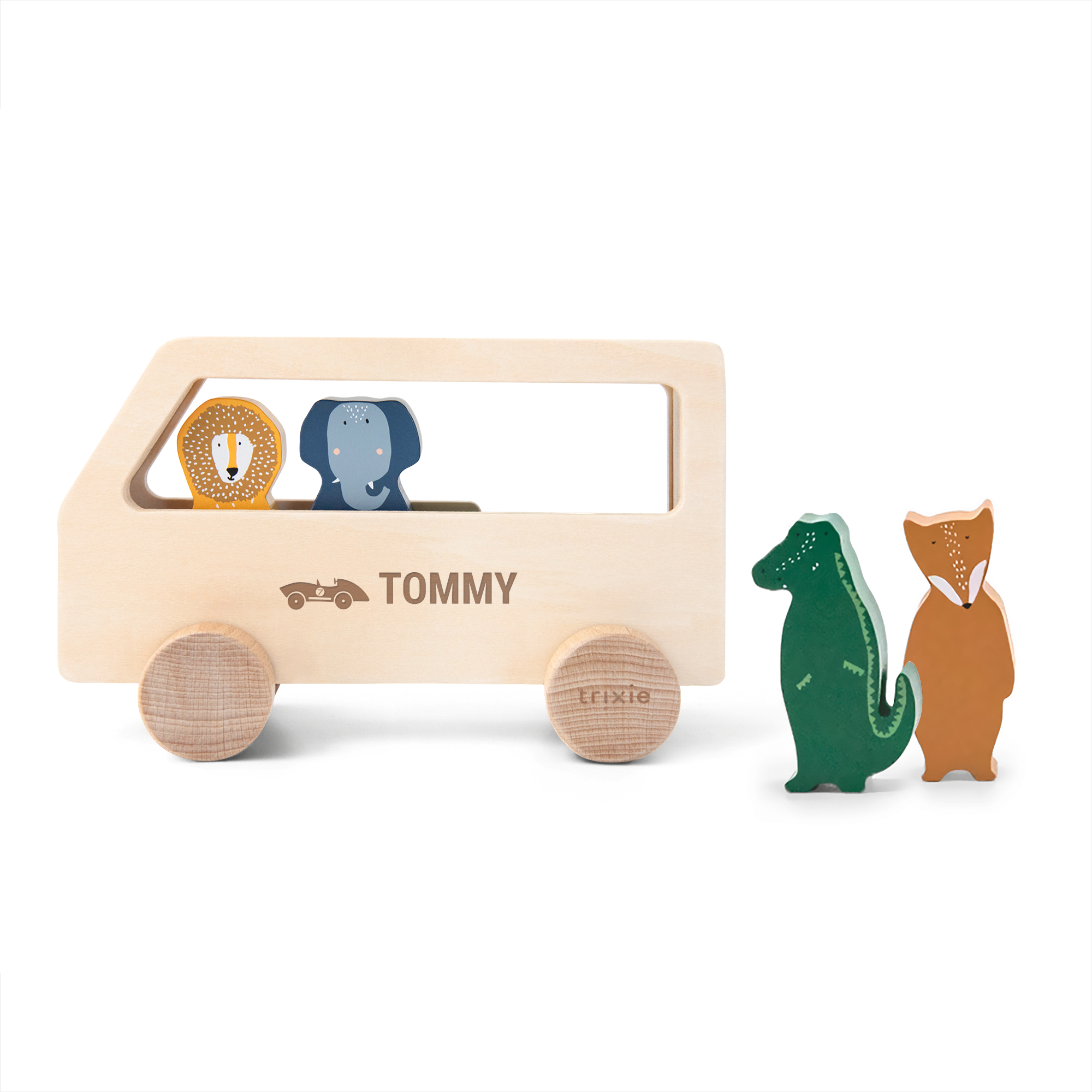Bus à animaux en bois personnalisé avec le nom TOMMY gravé, lion et éléphant à l'intérieur