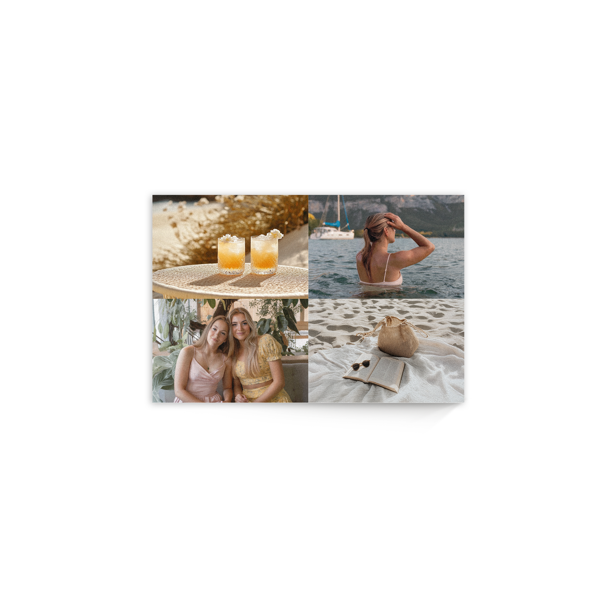 Stampa su legno personalizzata con collage di quattro foto che mostra due donne, bevande, una donna in acqua e un libro sulla sabbia.